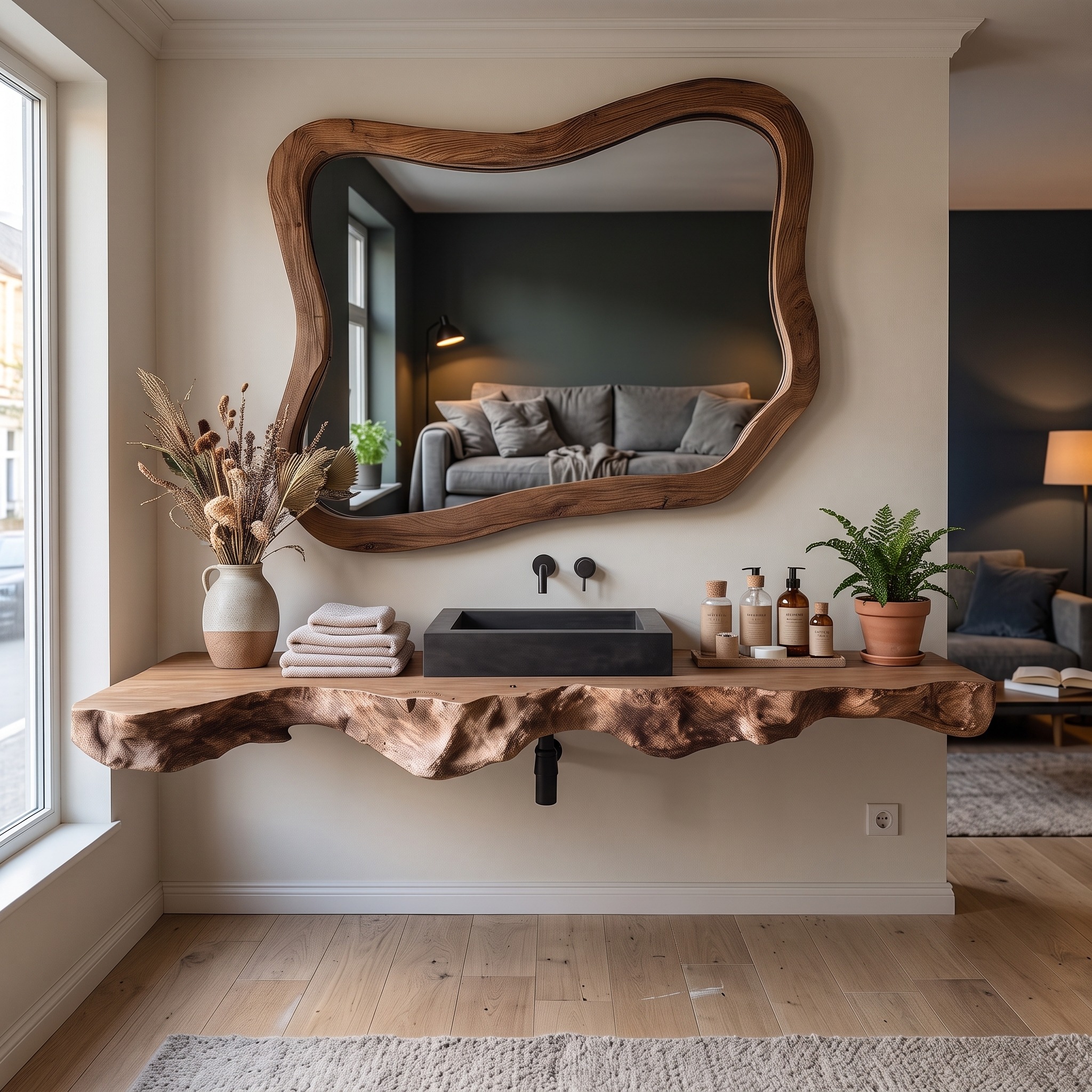Live Edge Solid Wood Bathroom Vanity, Rustic Handcrafted Floating Sink Console Table with Storage Shelf