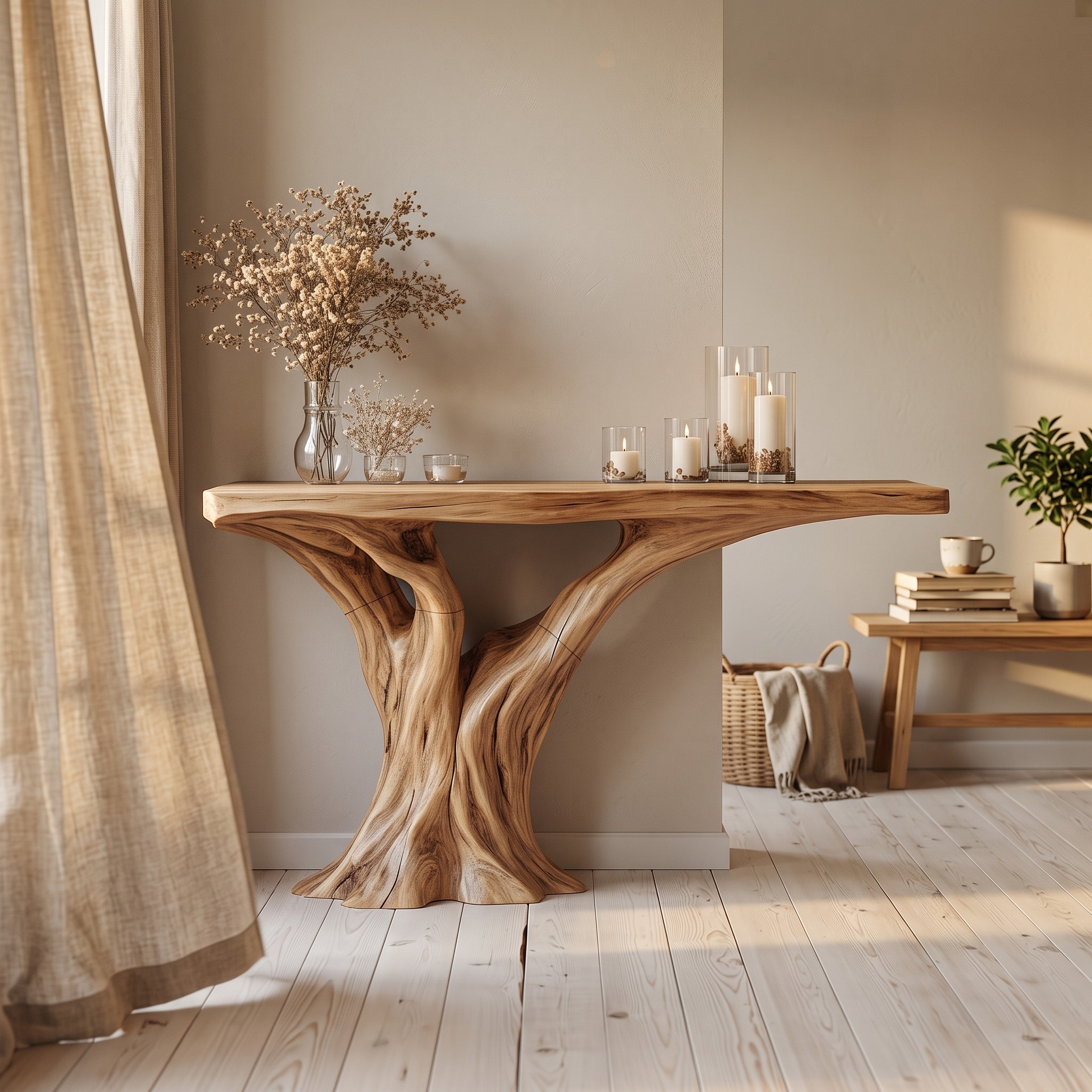 Live Edge Solid Wood Console Table, Handmade Natural Rustic Slab Table for Living Room & Entryway Decor