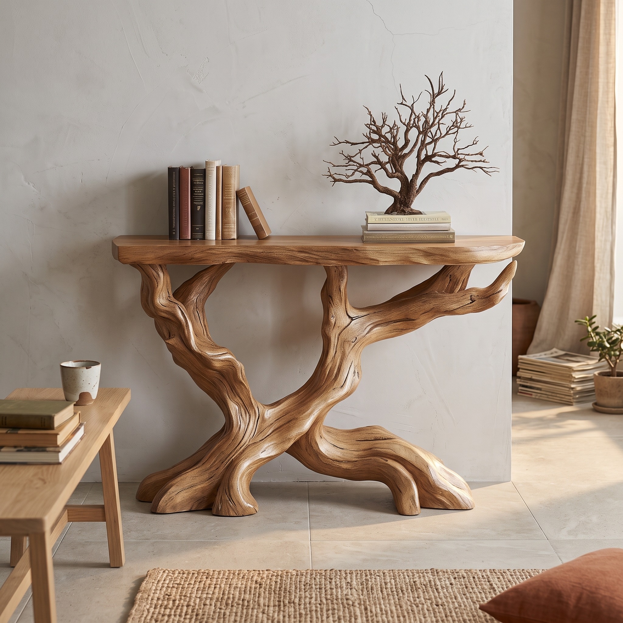 Live Edge Solid Wood Console Table, Handmade Organic Tree Branch Design, Natural Rustic Entryway Table