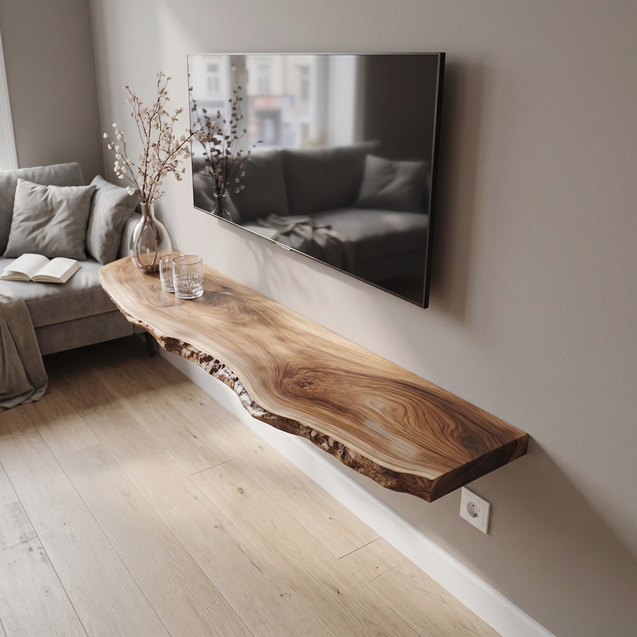 Live Edge Solid Wood Floating TV Console Organic Modern Living Room Interior