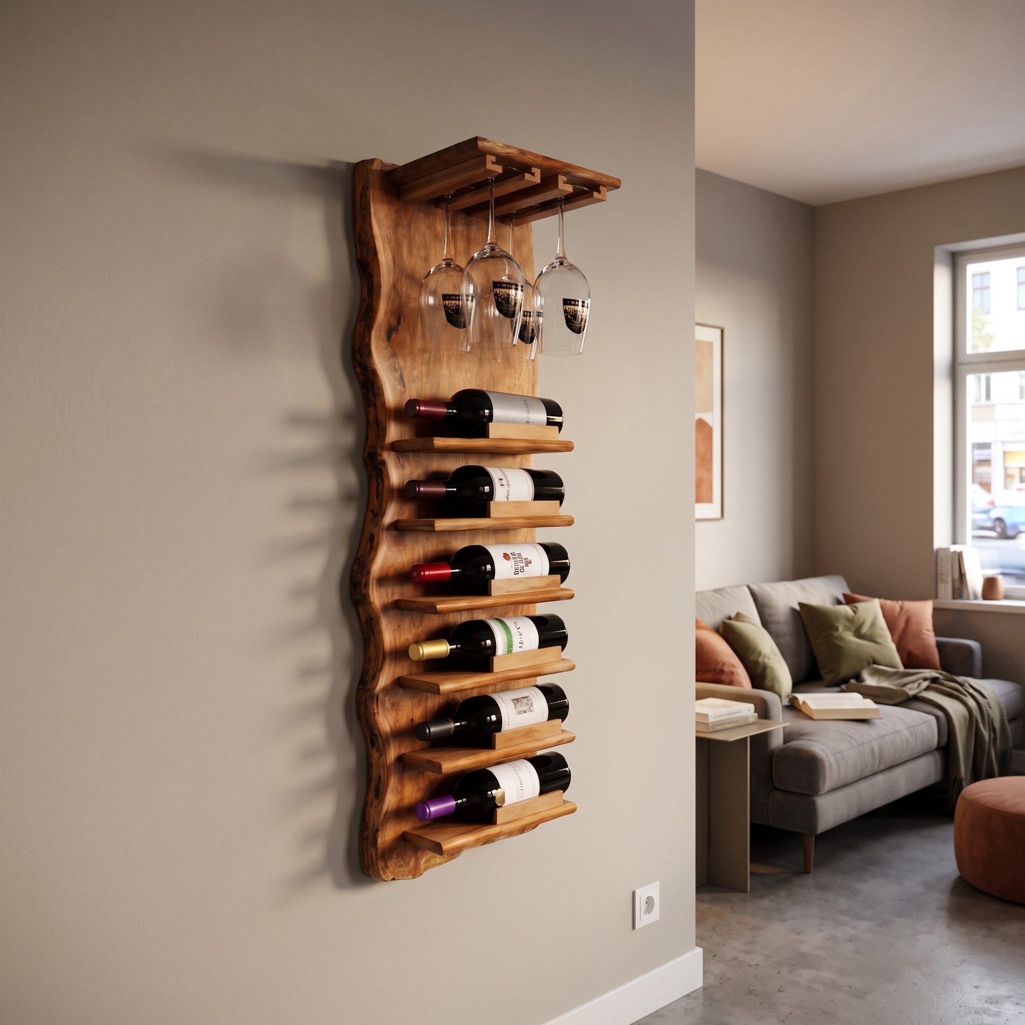 Live Edge Wall Mounted Wine Rack with Stemware Glass Holder & Vertical Wood Bottle Storage for Dining Room
