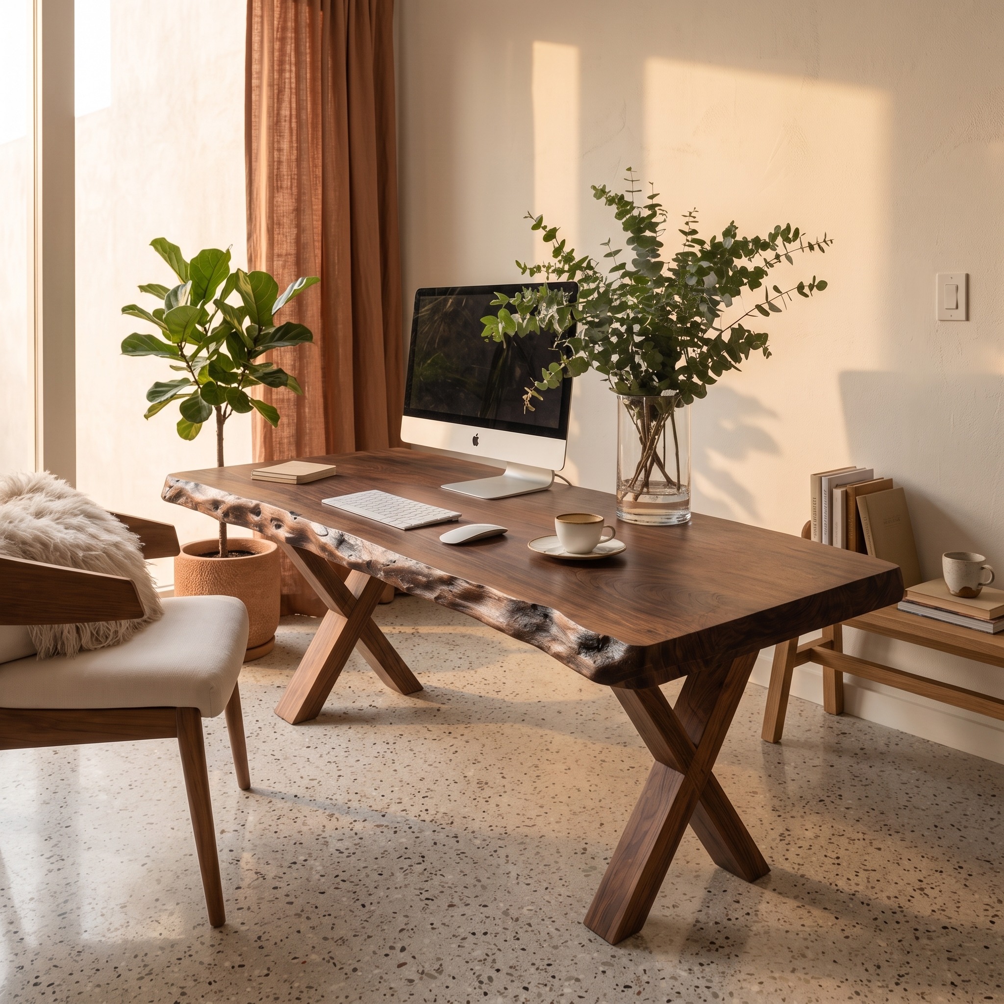 Live Edge Wood Desk with Rustic X-Shaped Metal Legs, Writing Desk & Computer Workstation for Home Office or Studio