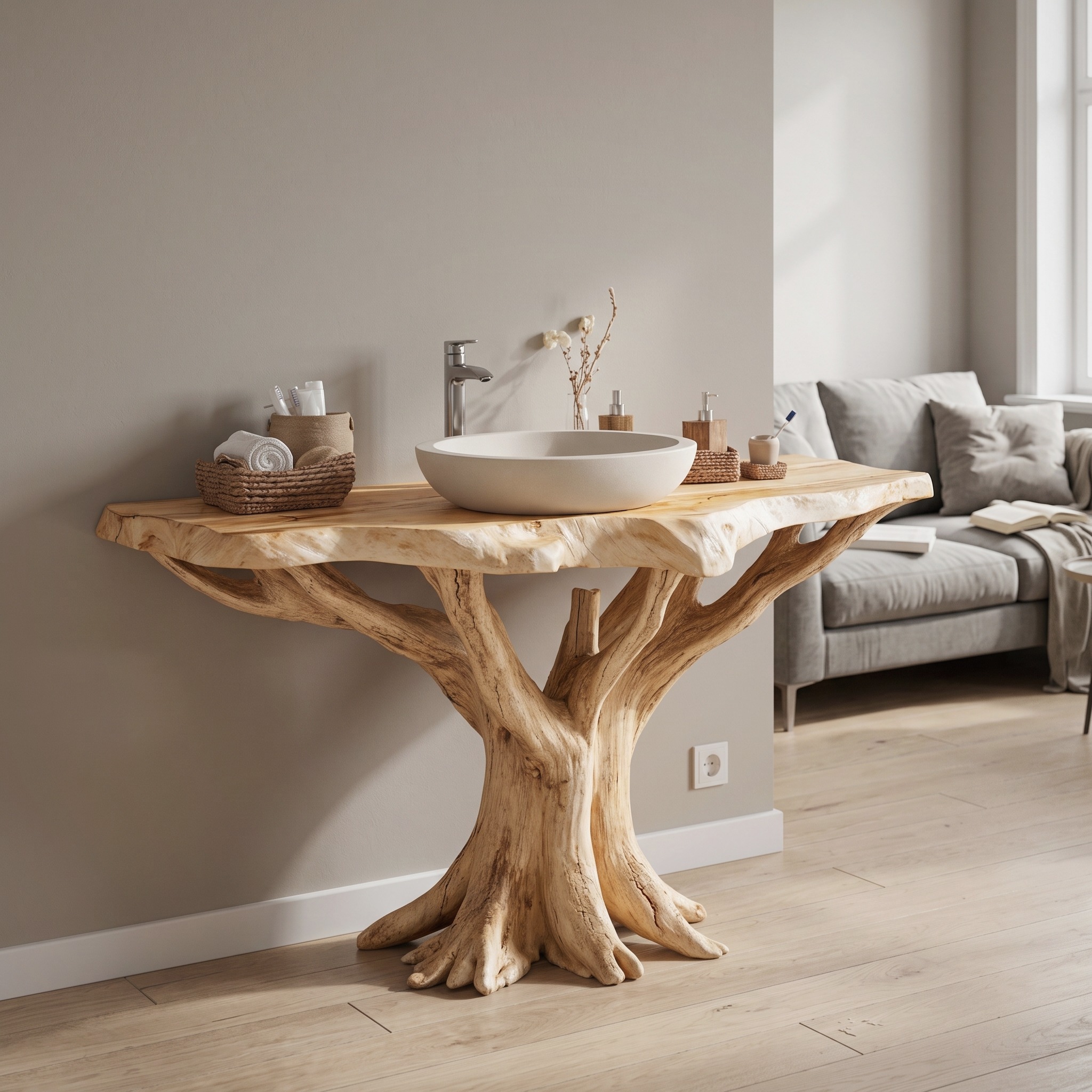 Live Edge Wood Vanity with Natural Tree Base for Eco Bathrooms