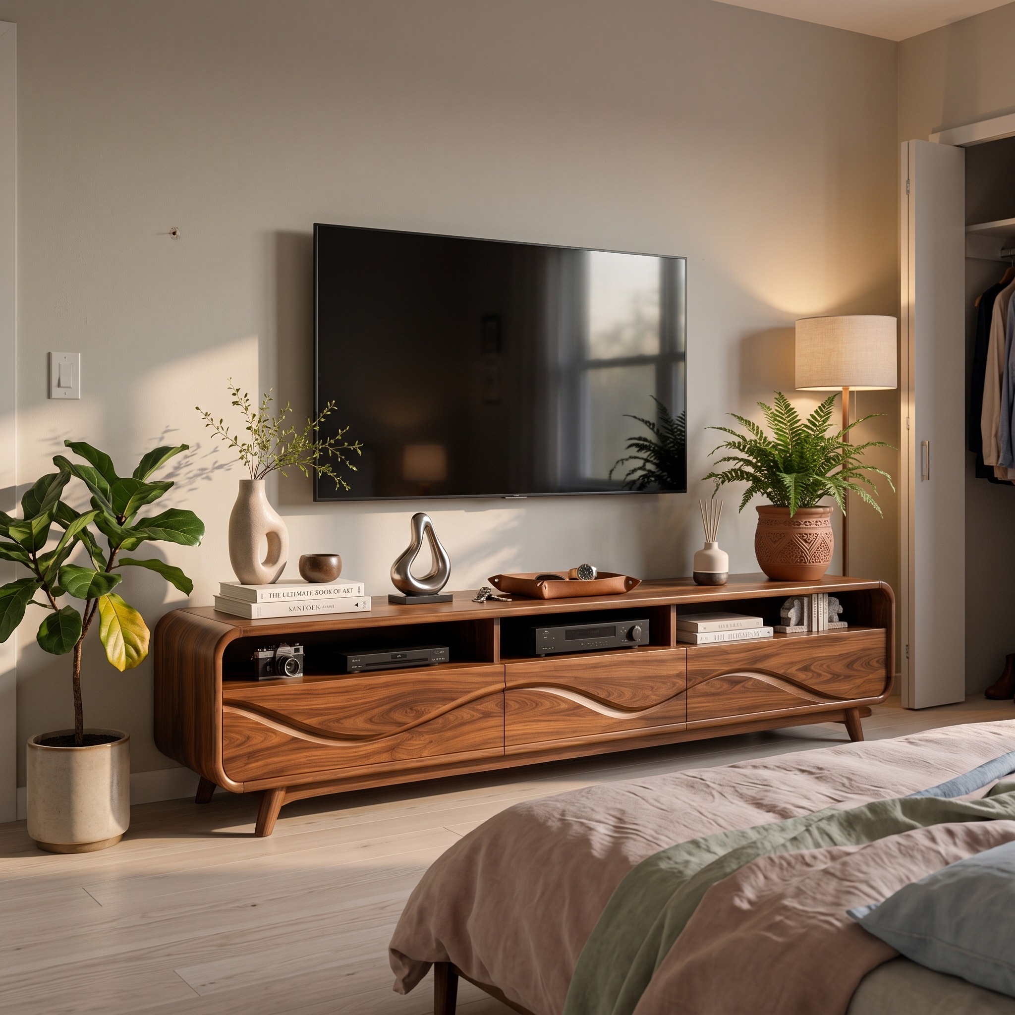 Low Profile Wooden TV Stand with Open Media Shelf, Minimalist Living Room Entertainment Console Table