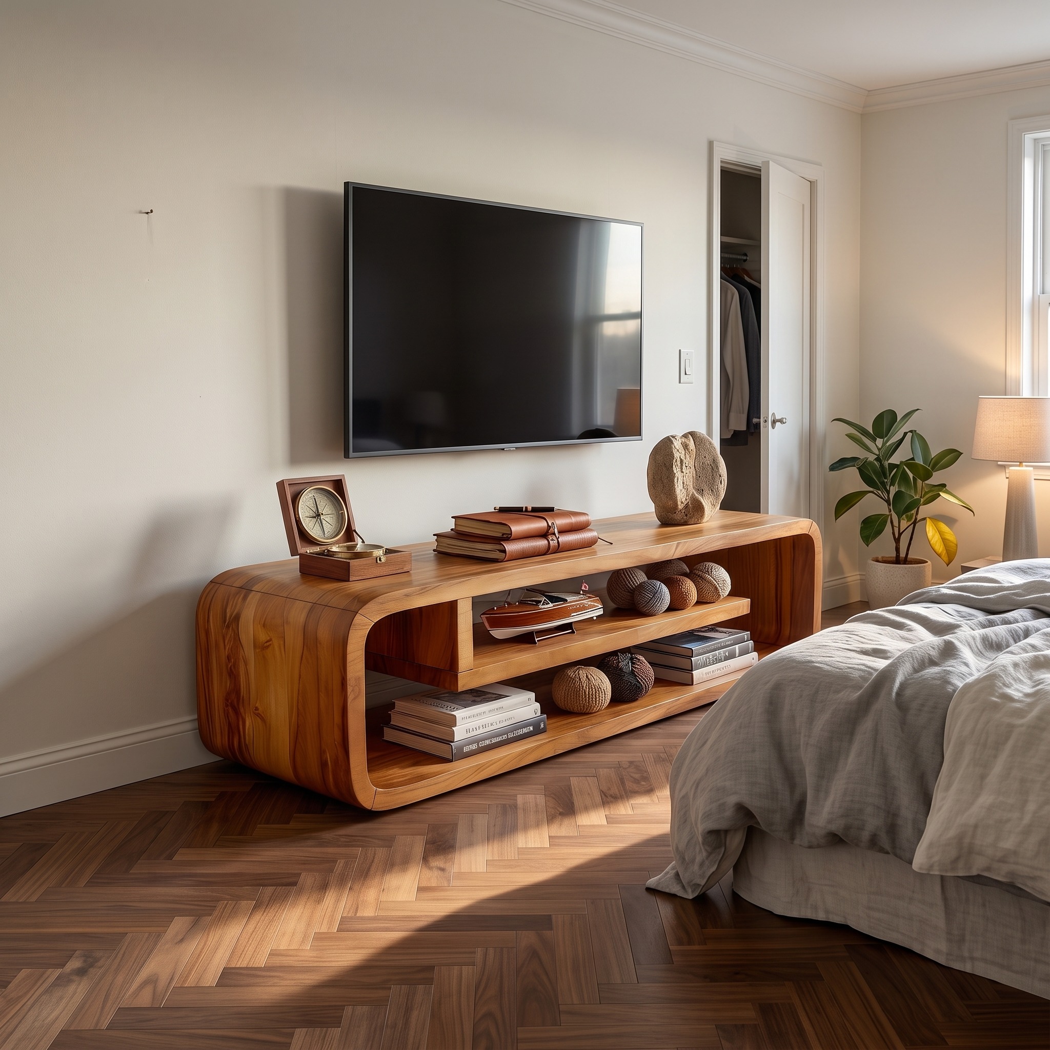 Luxury Curved Media Console, Solid Wood TV Stand & Modern Buffet Sideboard for Dining & Living Room