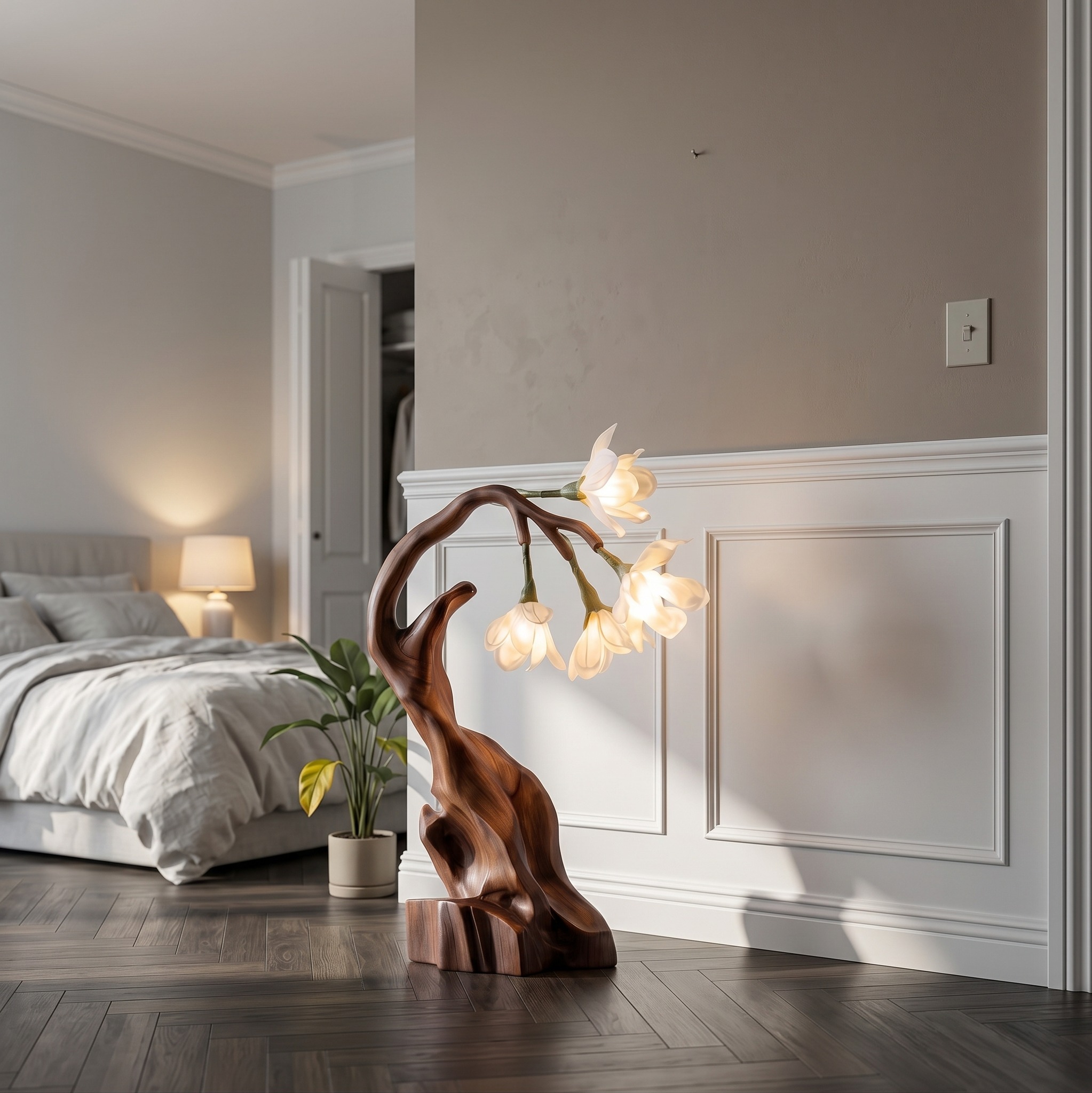 Luxury Floral Table Lamp with Sculptural Driftwood Base, Handcrafted Wooden Bedside Desk Light for Bedroom