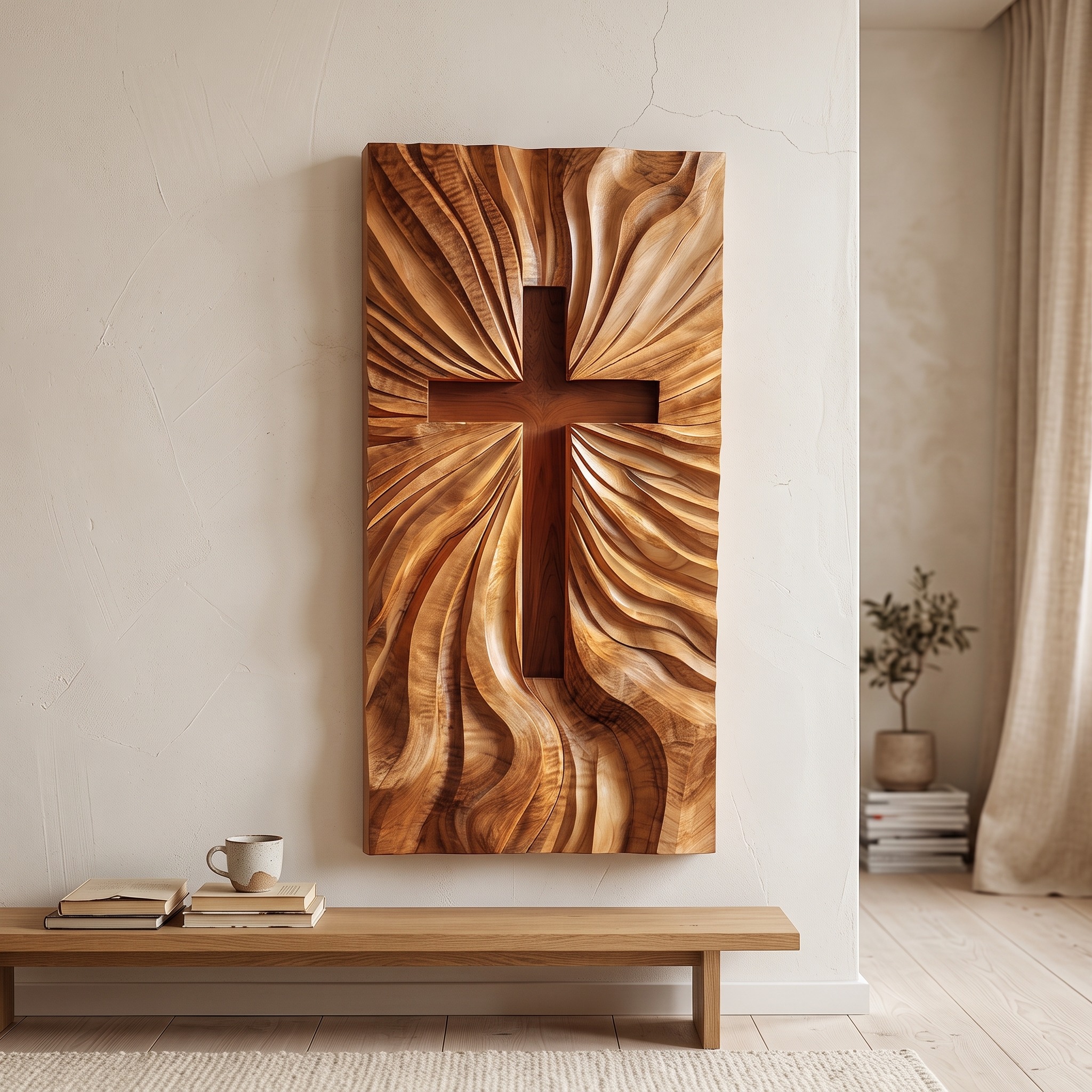Luxury Illuminated Religious Wood Wall Art, Backlit Christian Cross Sacred Wooden Decor for Living Room