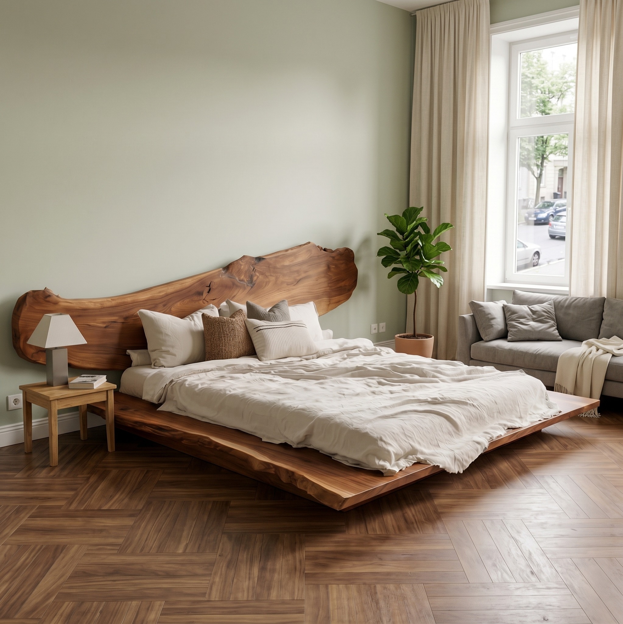 Luxury Organic Bed Frame, Sculptural Solid Wood Headboard Floating Platform Bed, King Queen Size Bedroom Furniture Frame