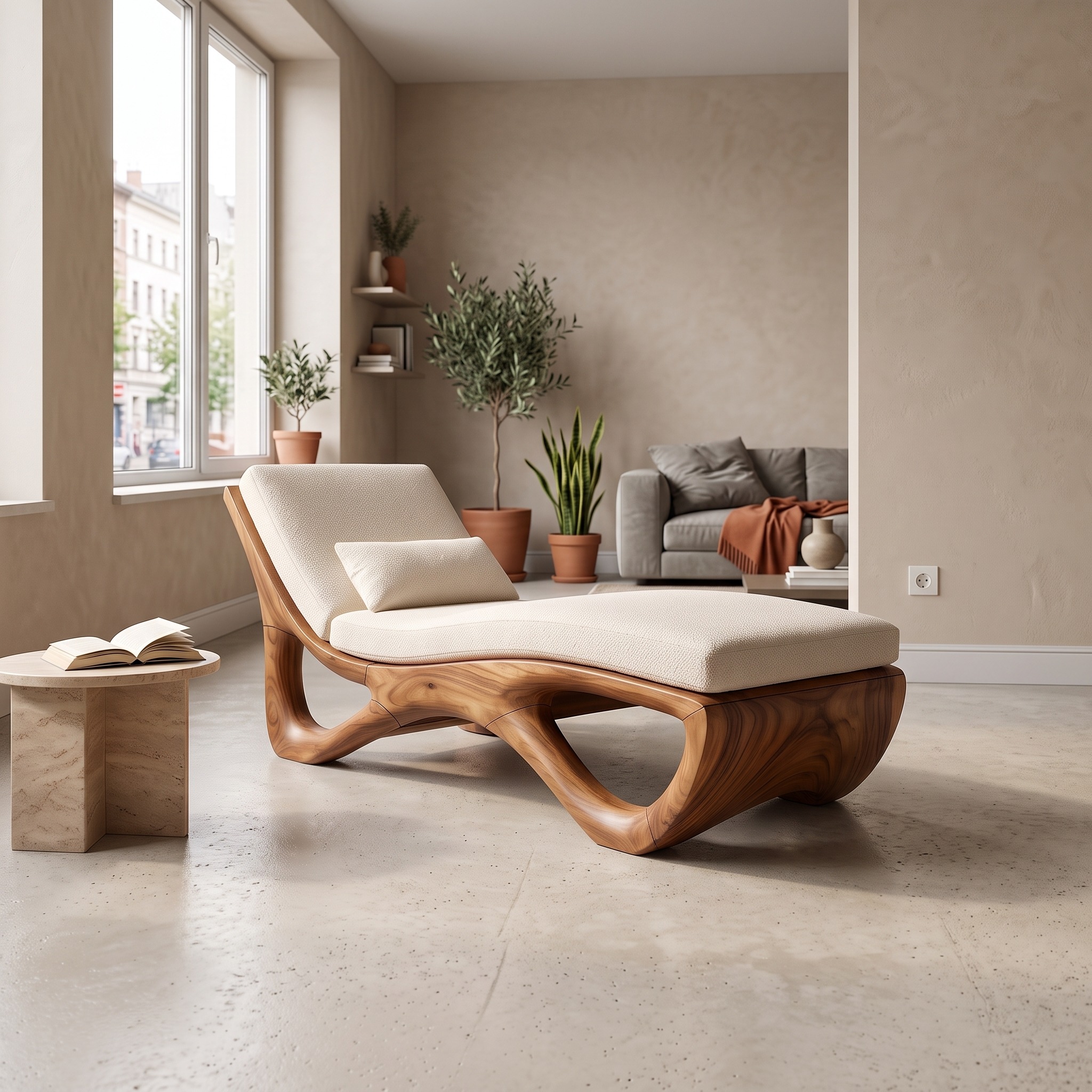 Luxury Organic Modern Wood Chaise Lounge, High-End Residential Daybed Sofa for Living Room