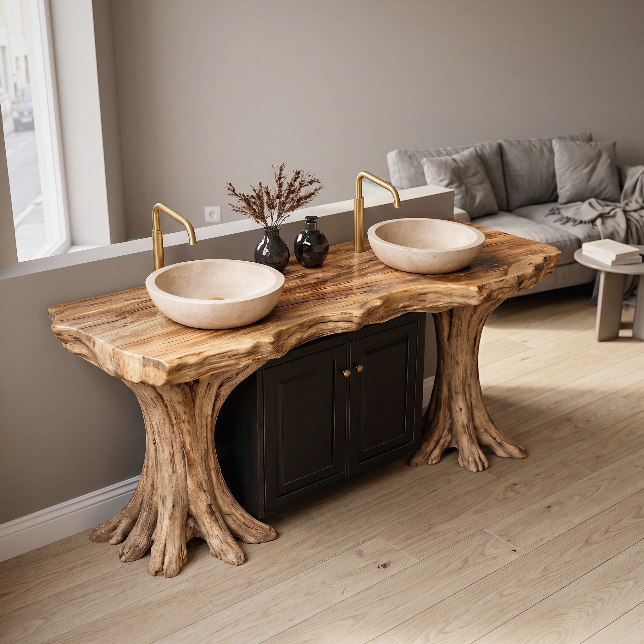 Luxury Organic Solid Wood Bathroom Vanity Tree Base Statement Design