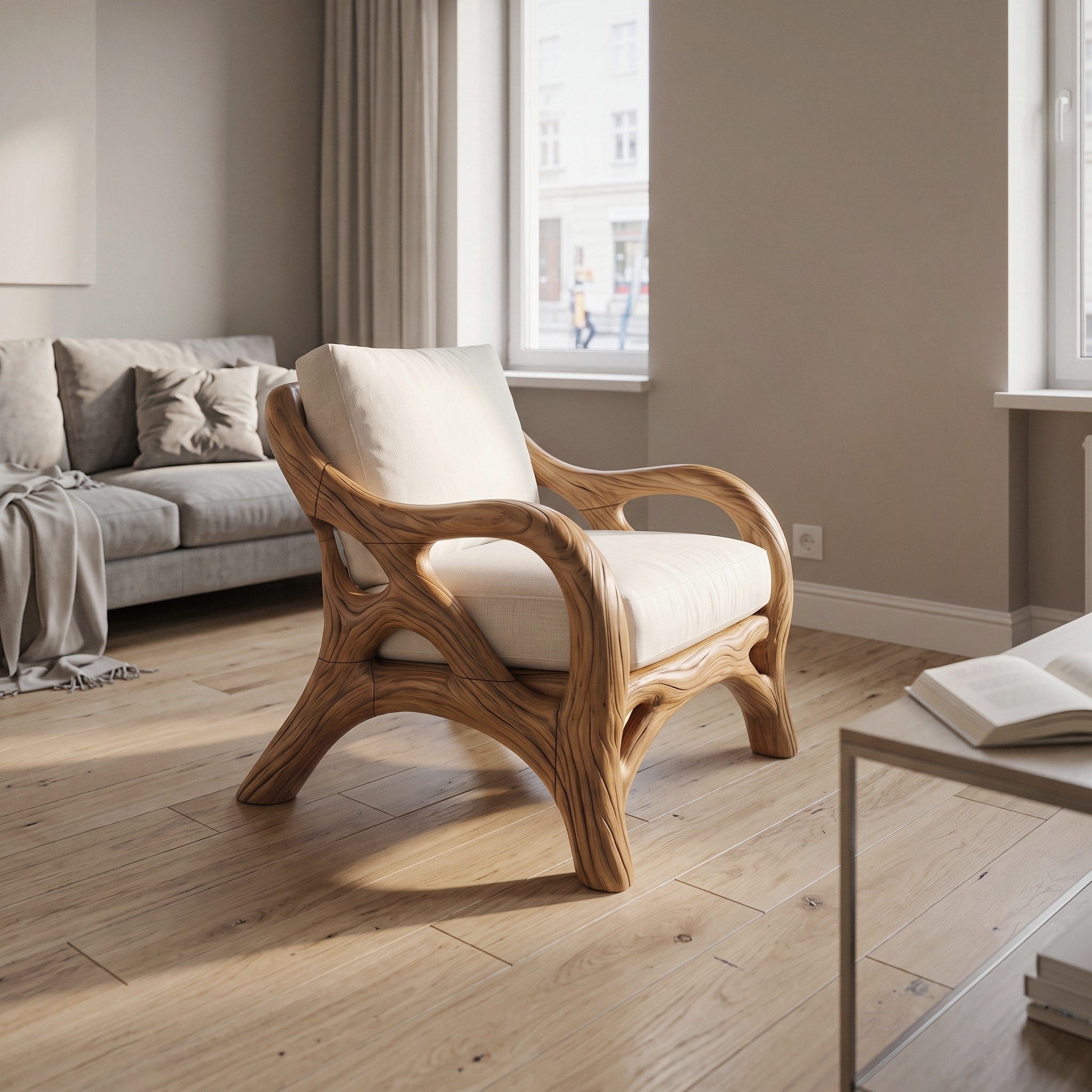Luxury Organic Wood Lounge Chair with Sculptural Architectural Design
