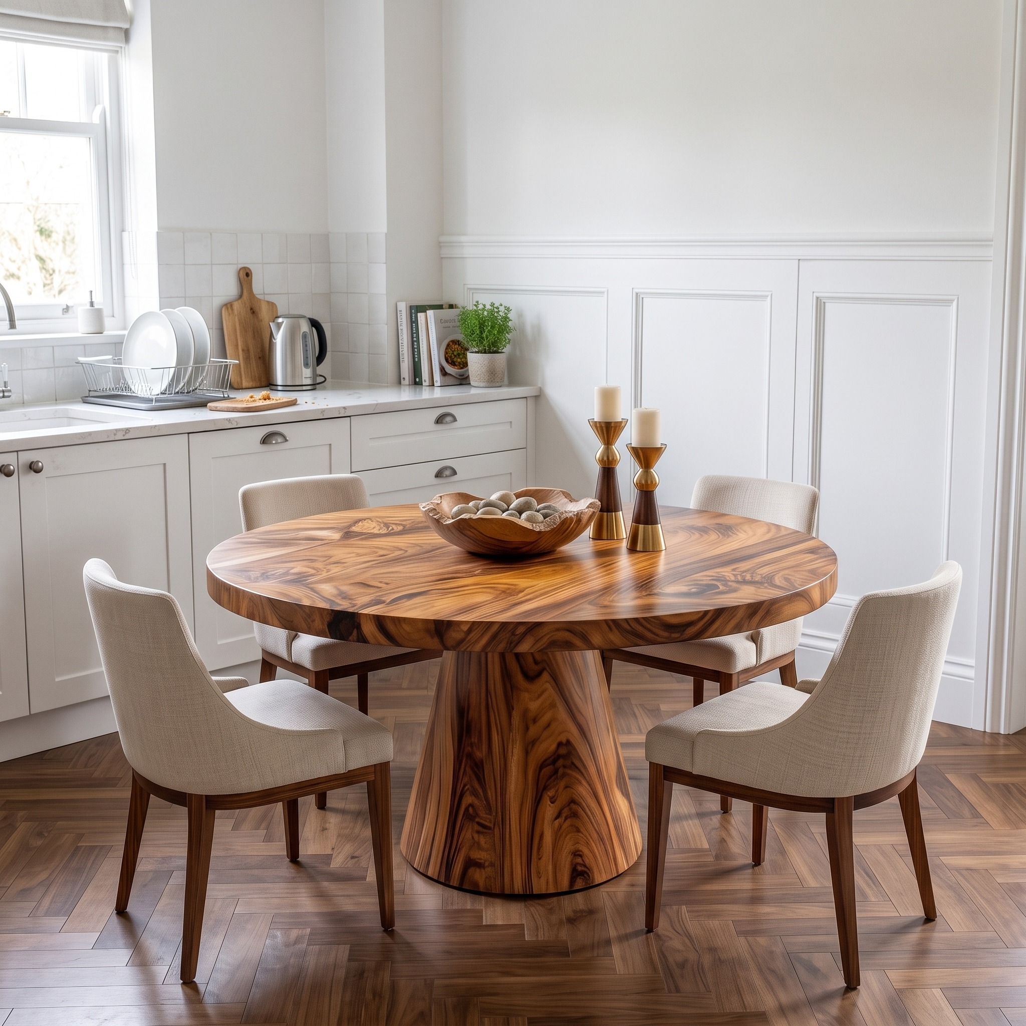 Luxury Round Solid Wood Dining Table, Contemporary Kitchen Center Table for Wine Room and Dining Space