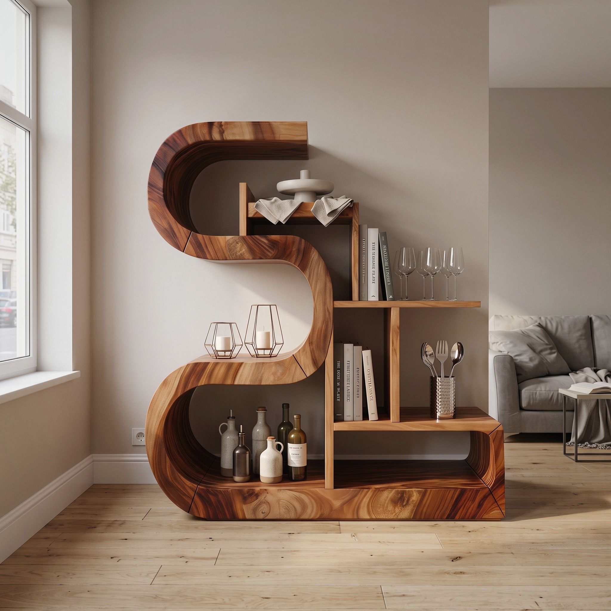 Luxury S-Shaped Wooden Storage Shelf for Contemporary Spaces