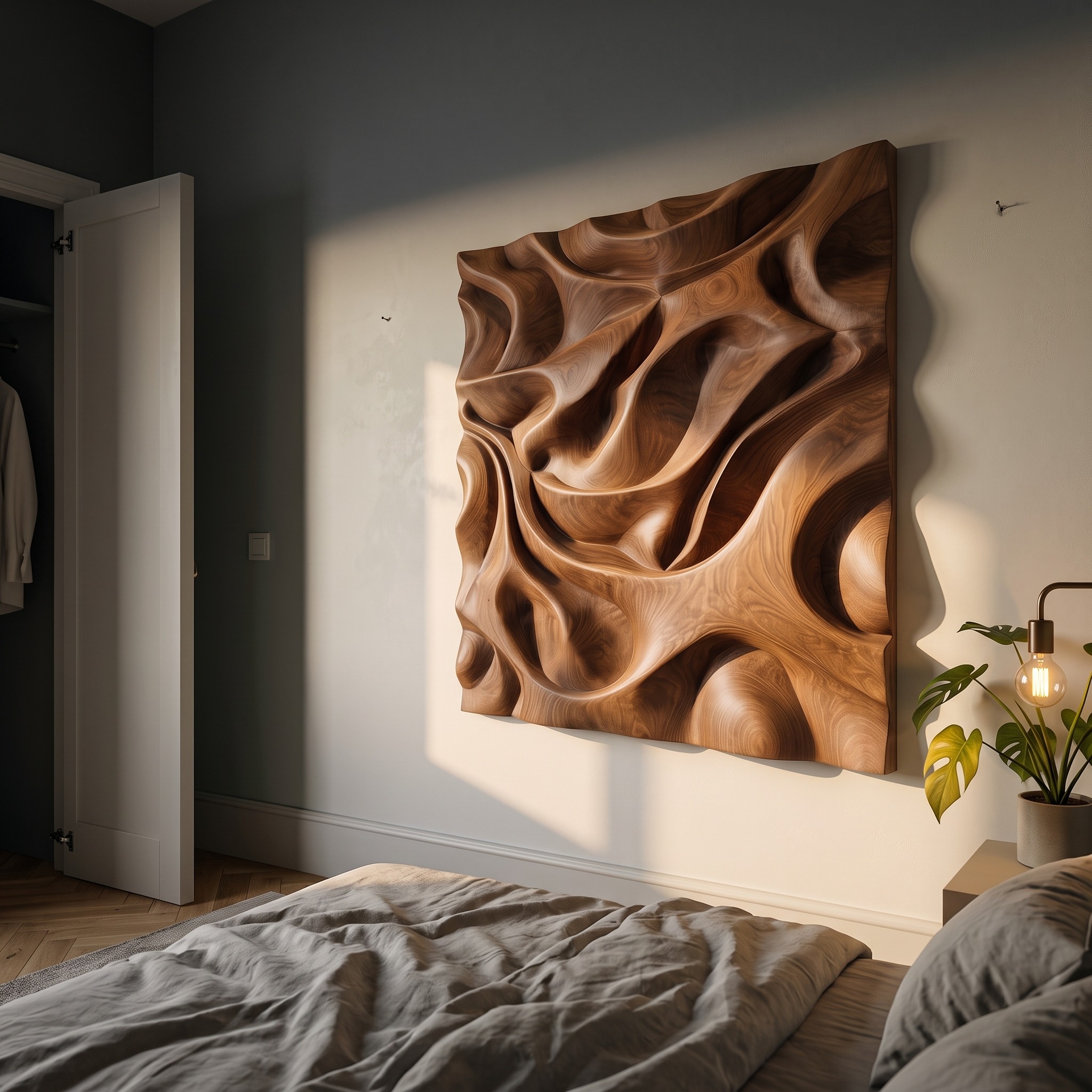 Luxury Sculptural Relief Wood Wall Art, 3D Hand-Carved Solid Wood Abstract Hanging Panel for Executive Office Decor