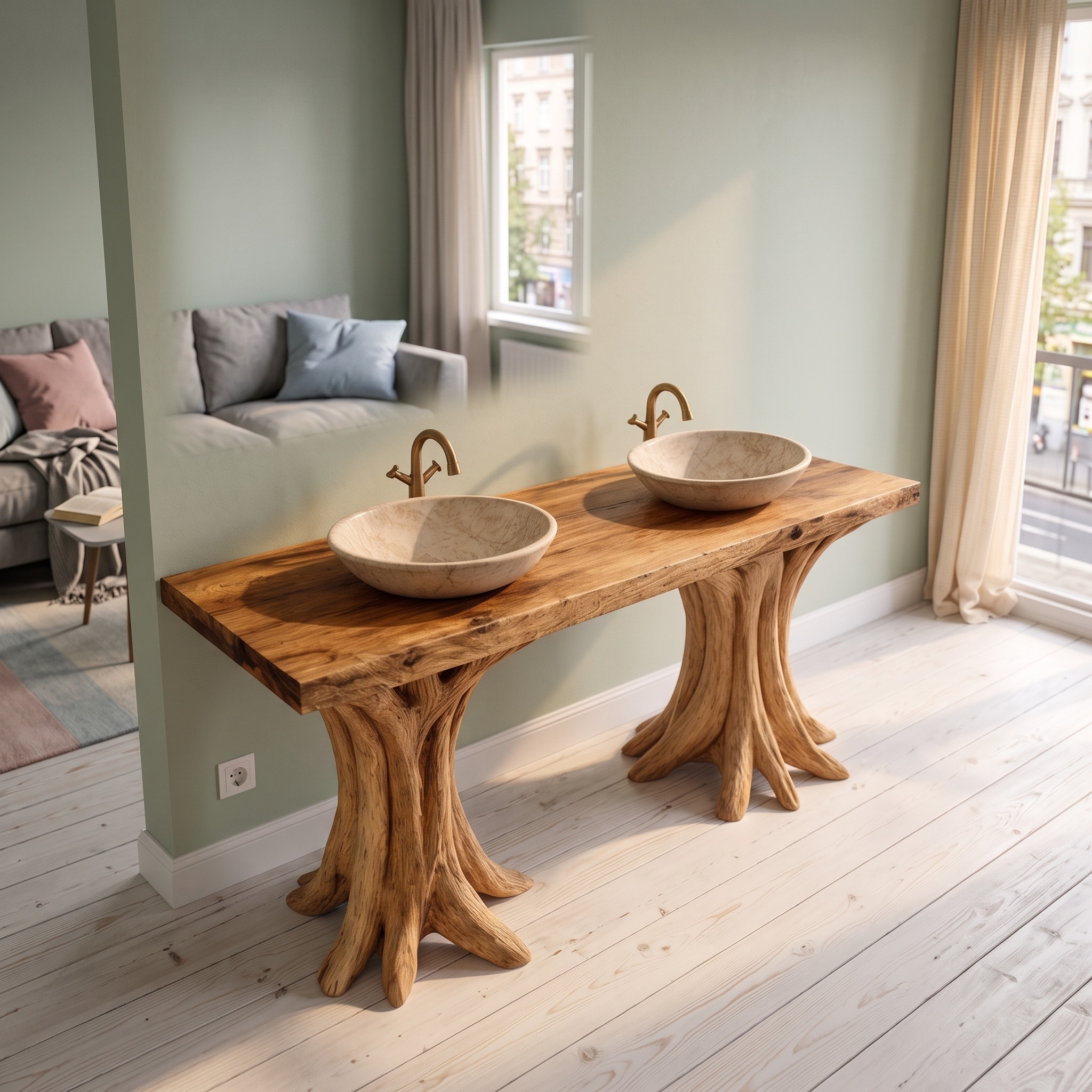 Luxury Sculptural Solid Wood Bathroom Console Table, Floating Single Sink Vanity Frame with Tree Base Design