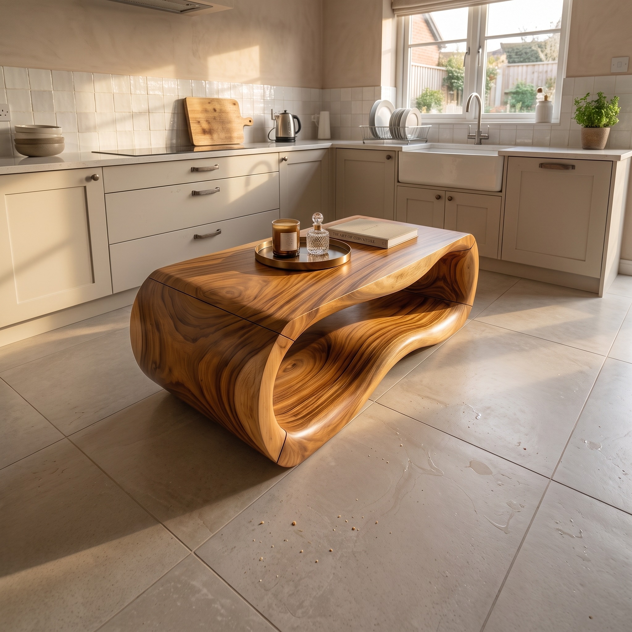 Luxury Sculptural Wood Coffee Table, Solid Wood Contemporary Accent Center Table for Designer Villa and Living Room