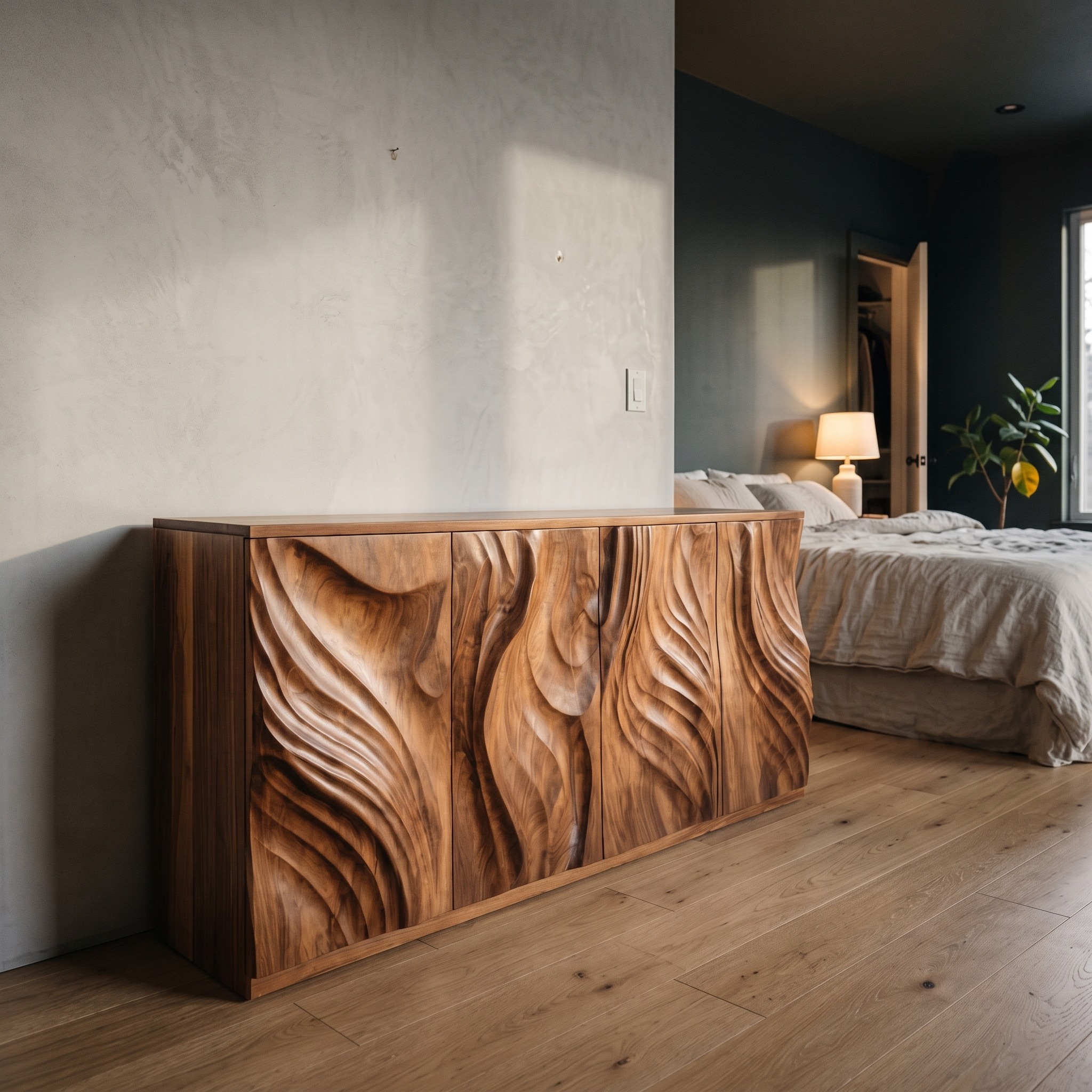 Luxury Solid Wood Credenza with Sculpted Doors, Mid-Century Modern Sideboard Cabinet for Living Room Storage