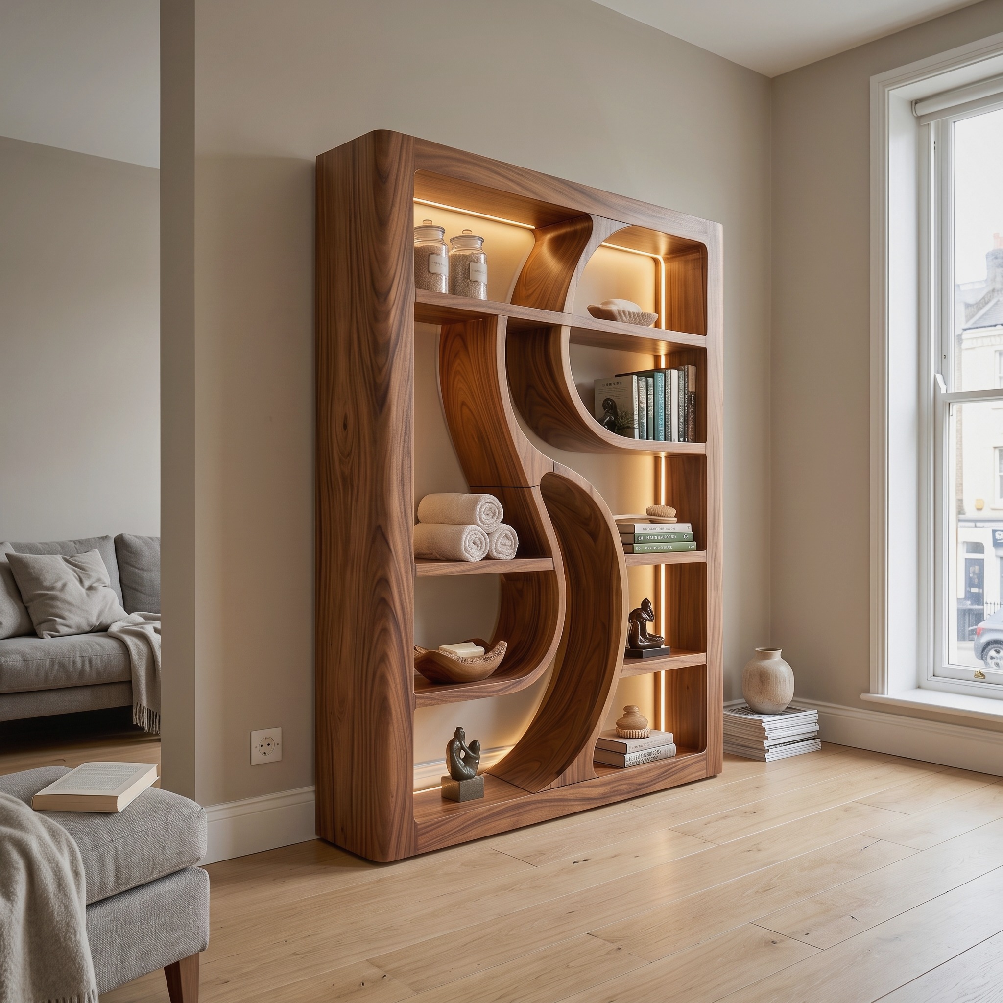 Luxury Wooden Bookshelf Featuring Ambient LED Shelving