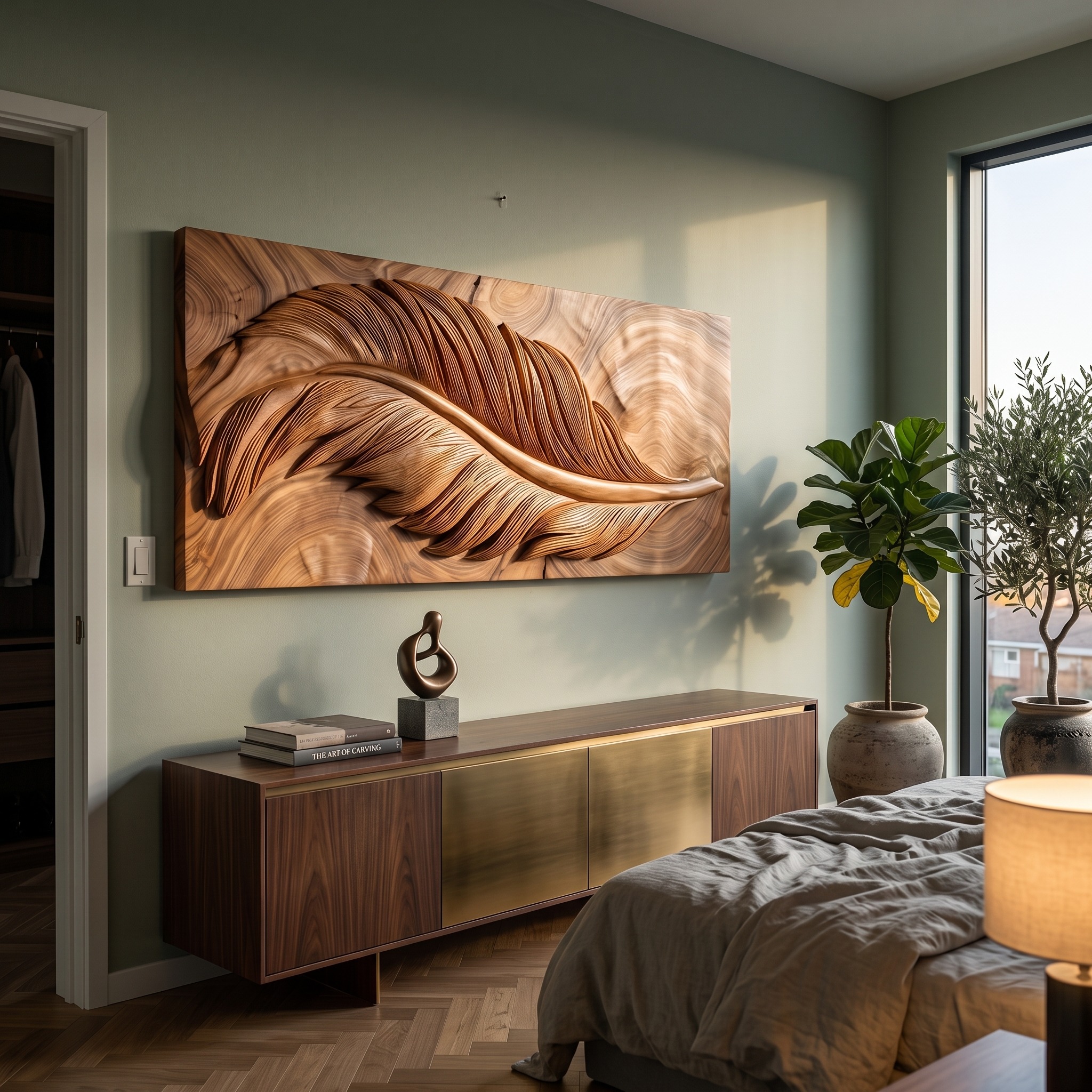 Luxury Wooden Wall Art with Feather Design, Carved Wood Feather Wall Decor Panel