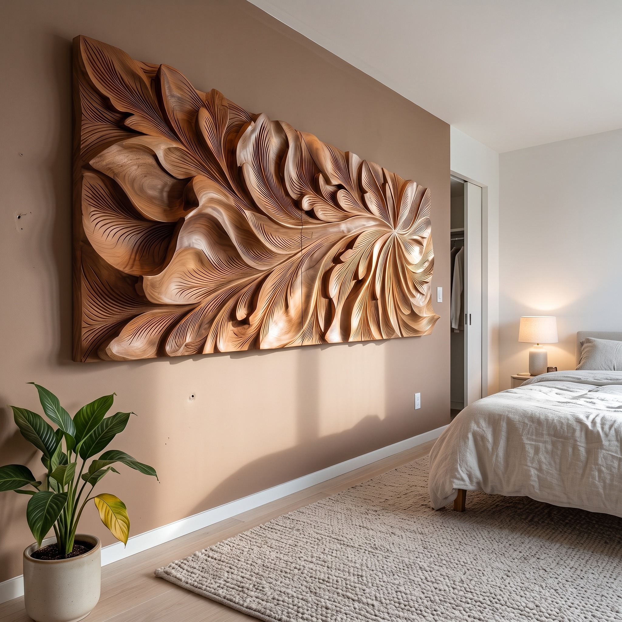 Luxury Wooden Wall Art with Floral Carving, Elegant Carved Wood Wall Panel for Living Room