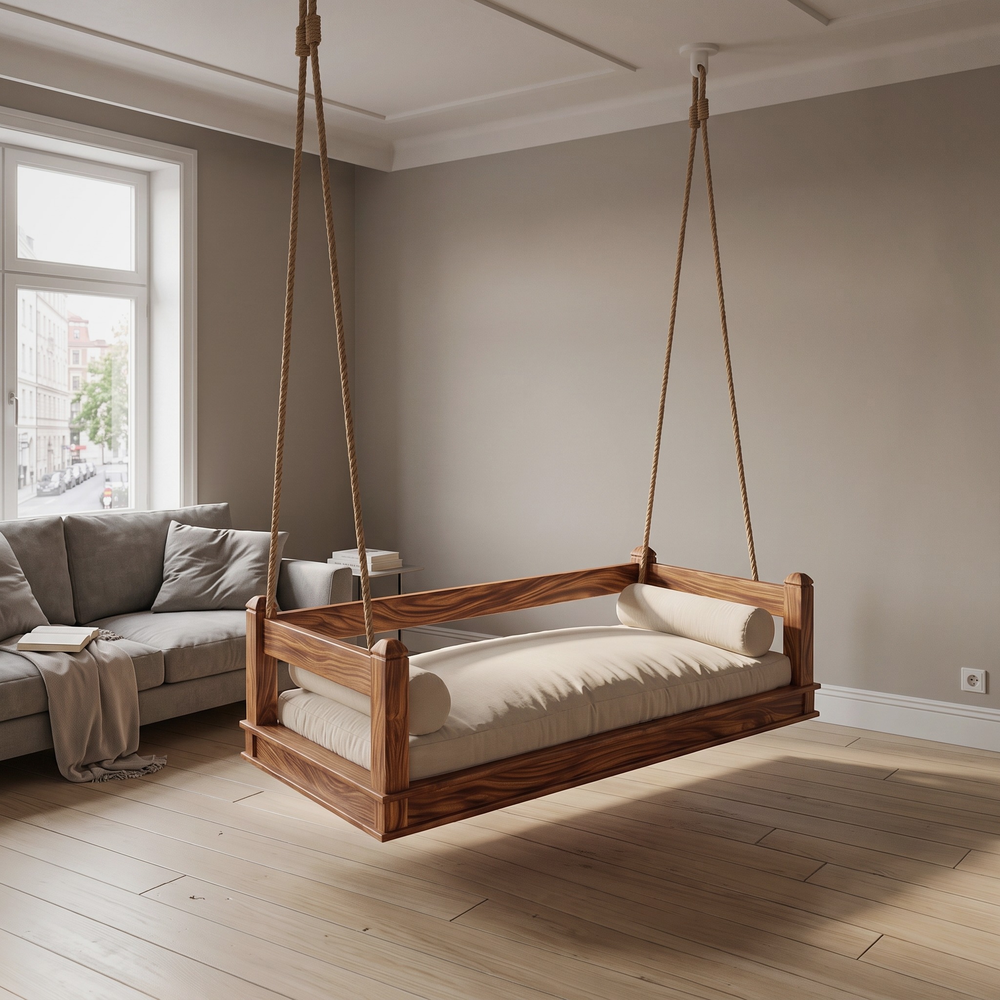 Mediterranean Wooden Hanging Daybed Swing Luxury Villa Patio