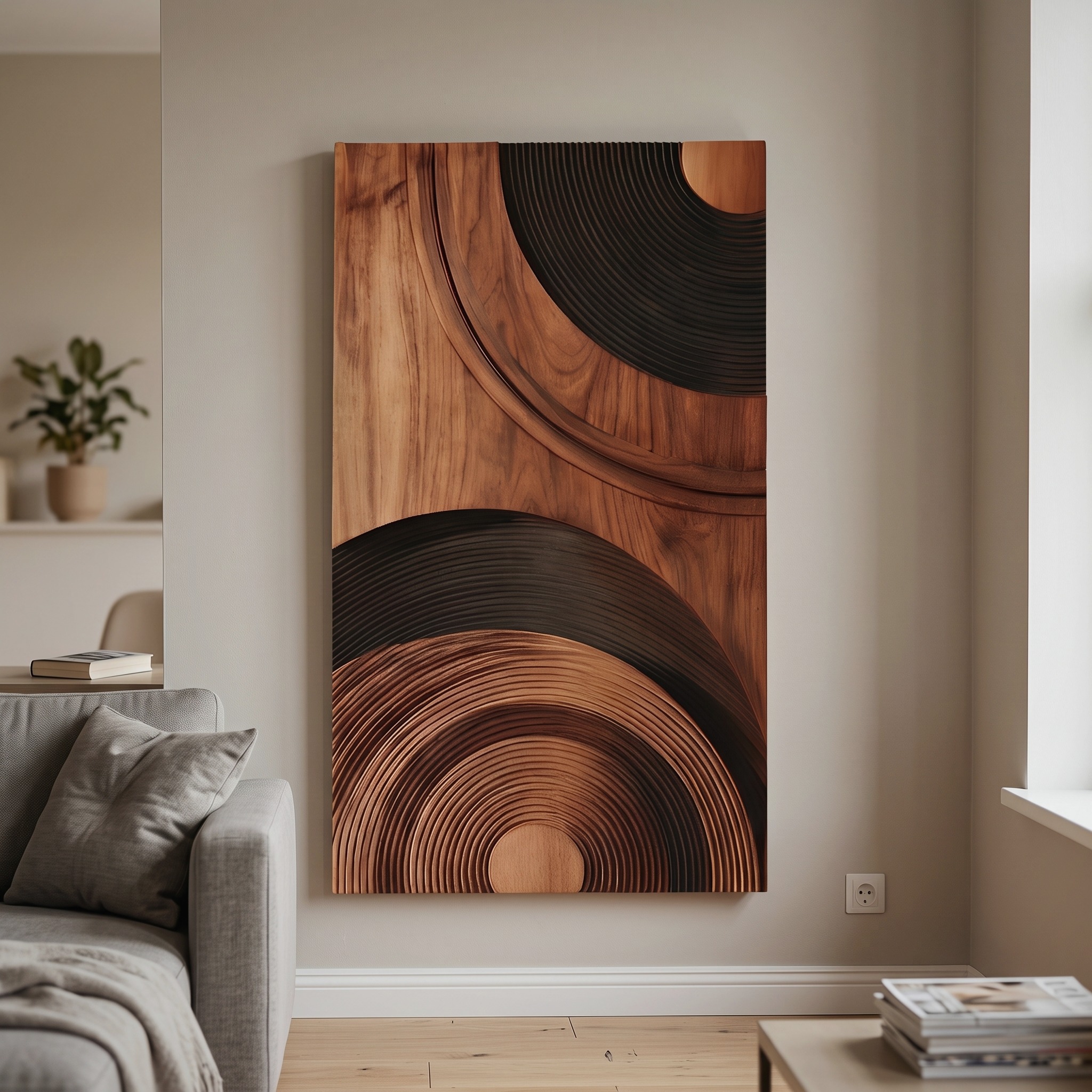 Mid Century Abstract Wood Wall Decor, Handcrafted Geometric Wooden Sculpture Panel for Modern Living Room & Entryway Accent