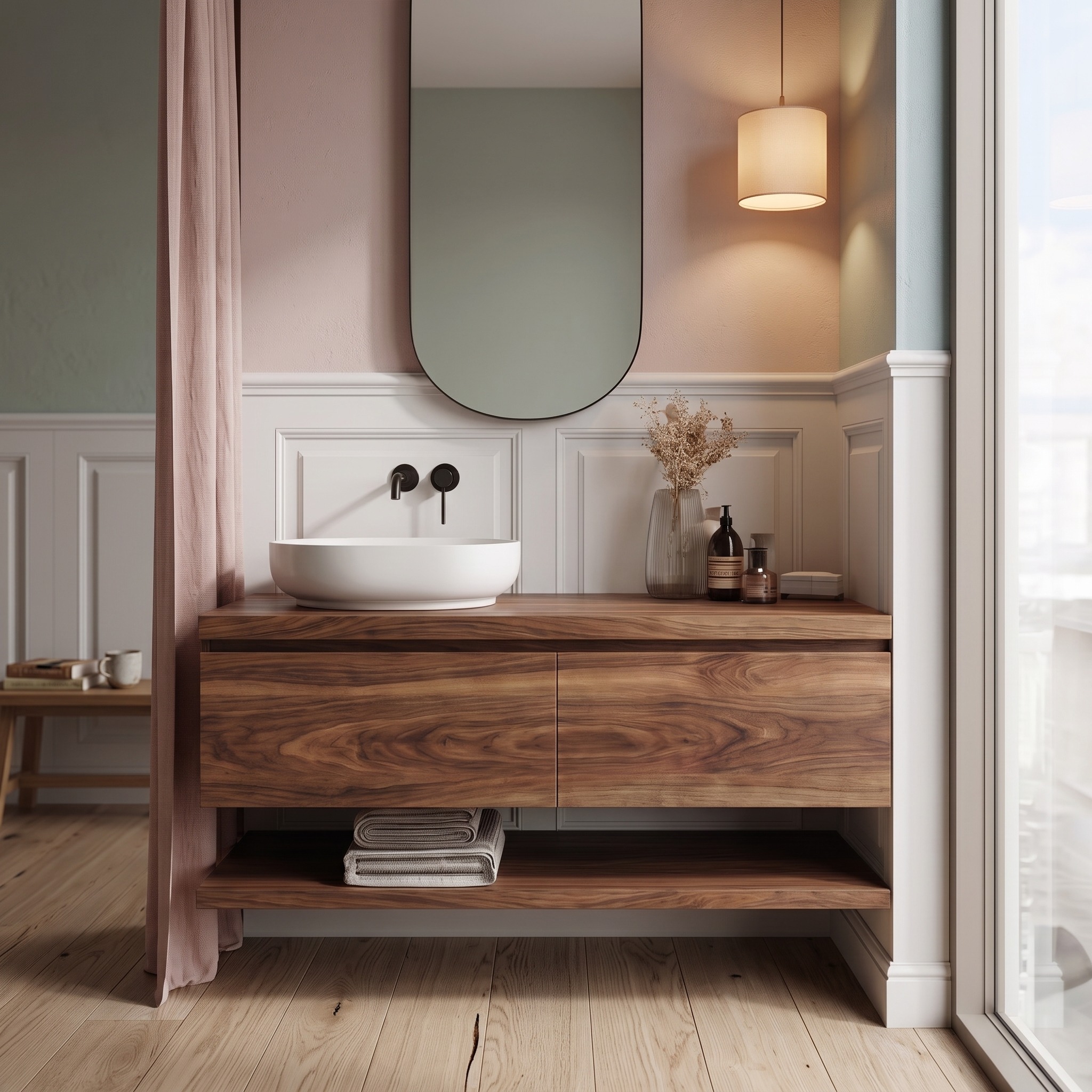 Mid Century Bathroom Vanity Cabinet, Solid Wood Single Washstand with Drawer for Small Space, Wall Mounted Floating
