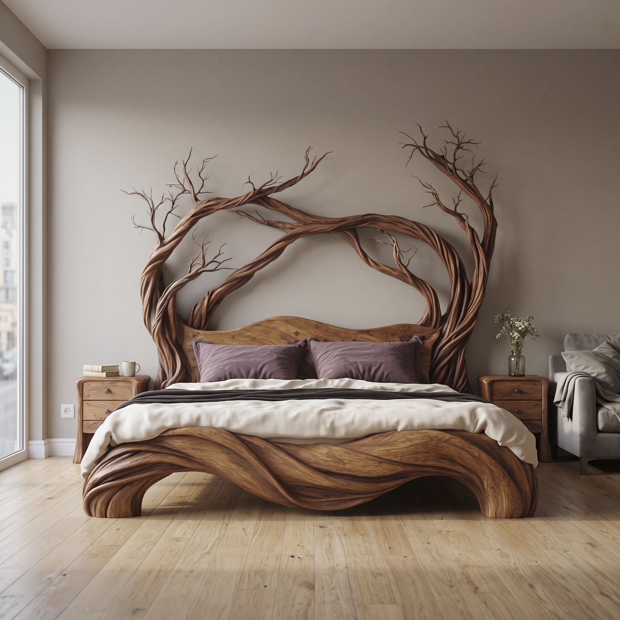 Mid Century Bedroom Low Profile Wood Bed - Model SINLKIWB088