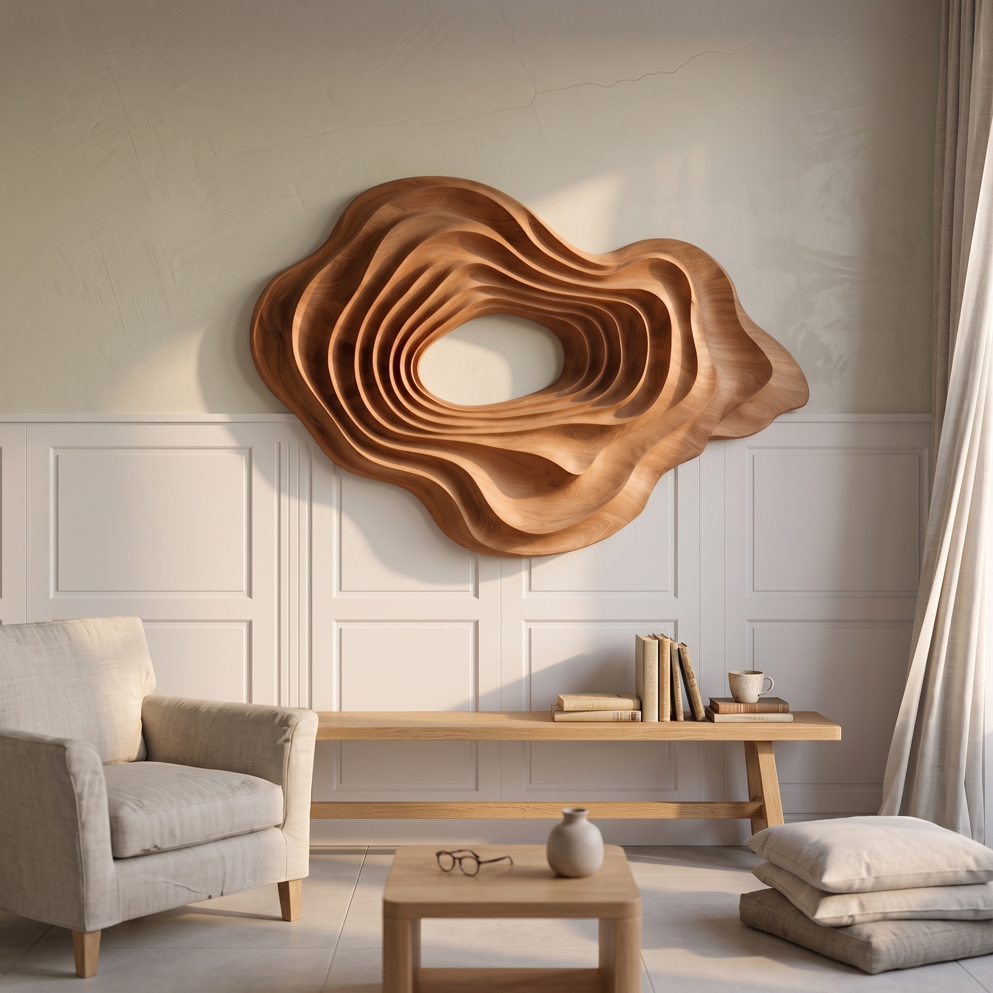 Mid-Century Carved Relief Wood Wall Panel, Abstract Geometric Wooden Art Decor for Study Room & Office