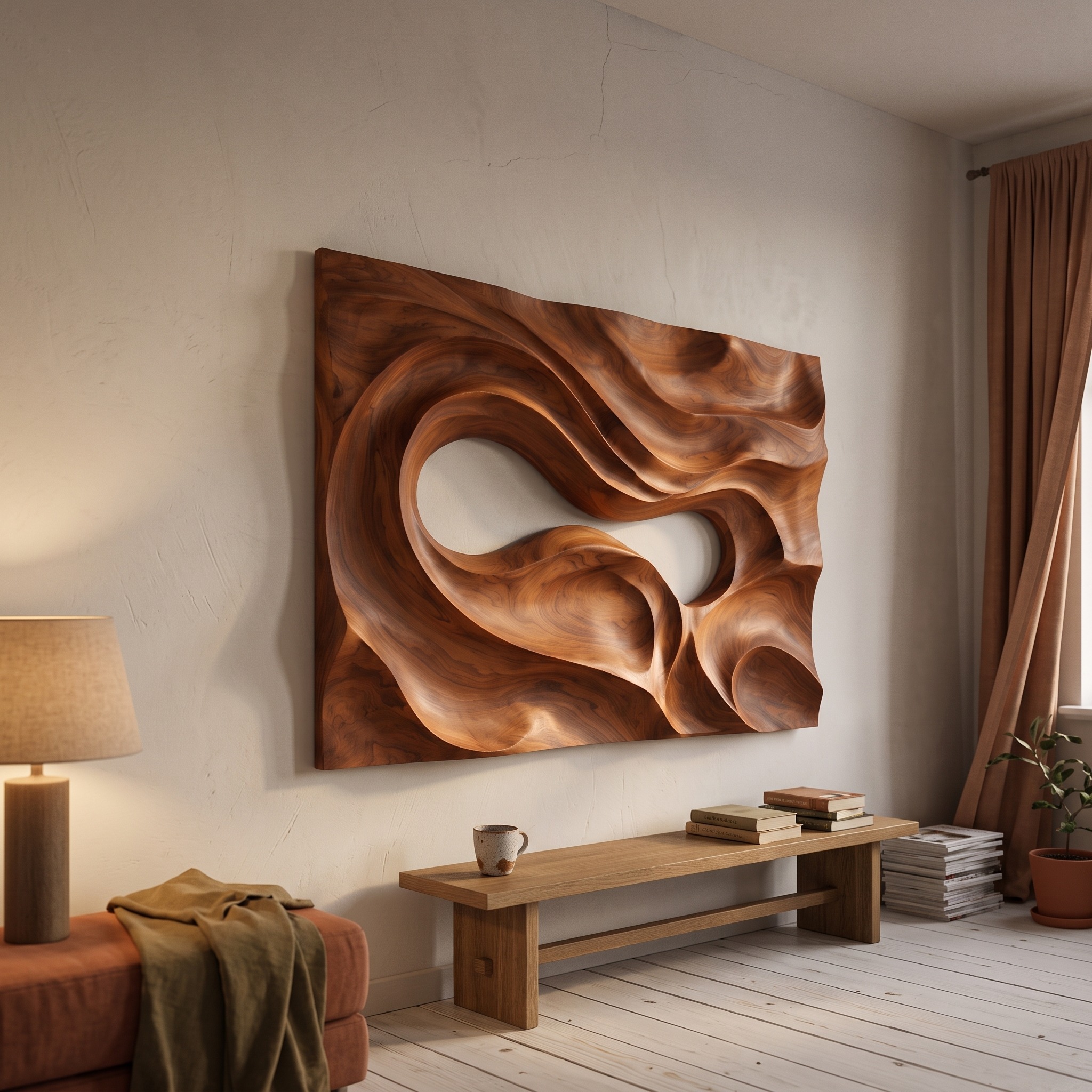 Mid Century Carved Wood Wall Art Panel, Hand-Carved Textured Geometric Wall Sculpture for Modern Living Room