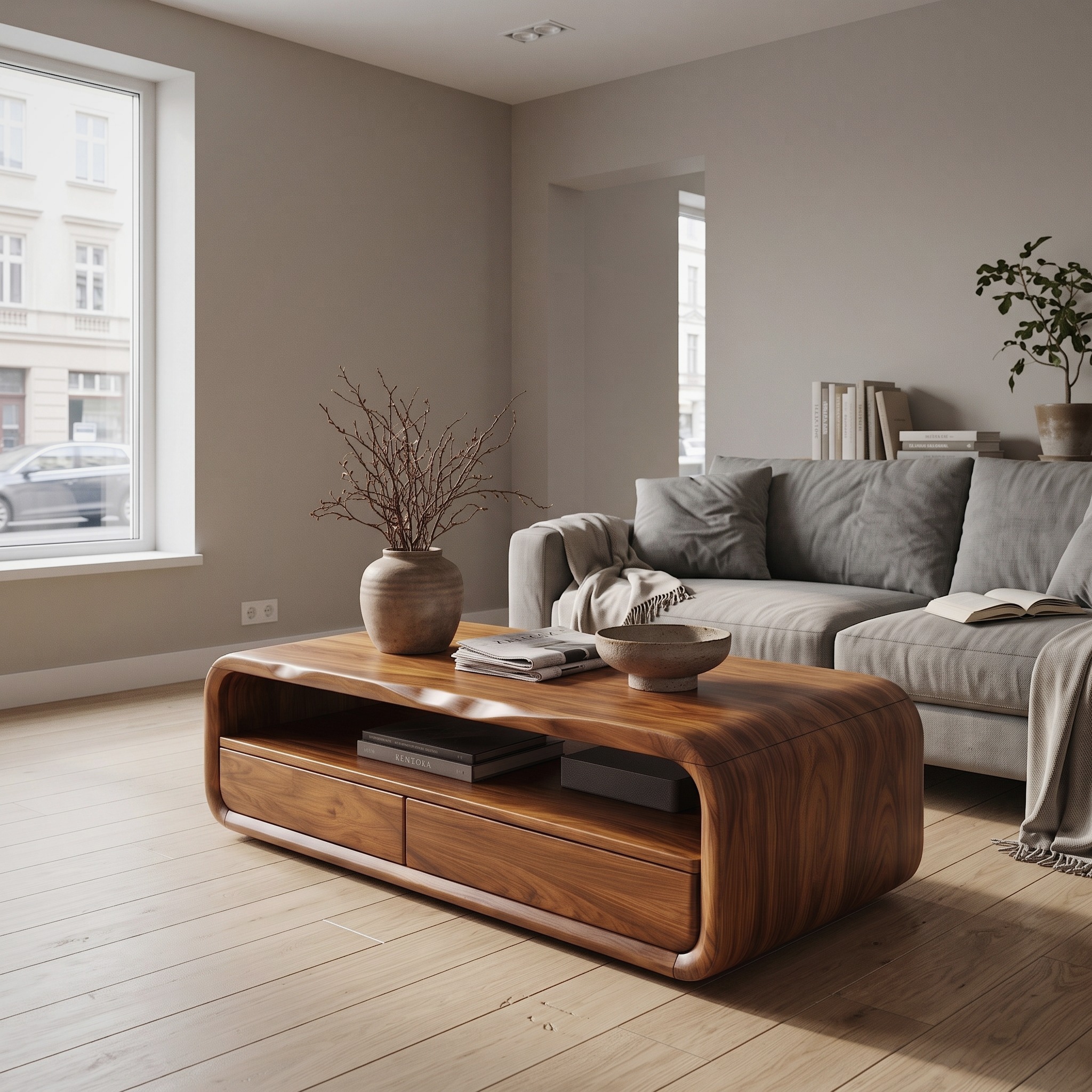 Mid Century Coffee Table with Rounded Frame Storage for Living Room