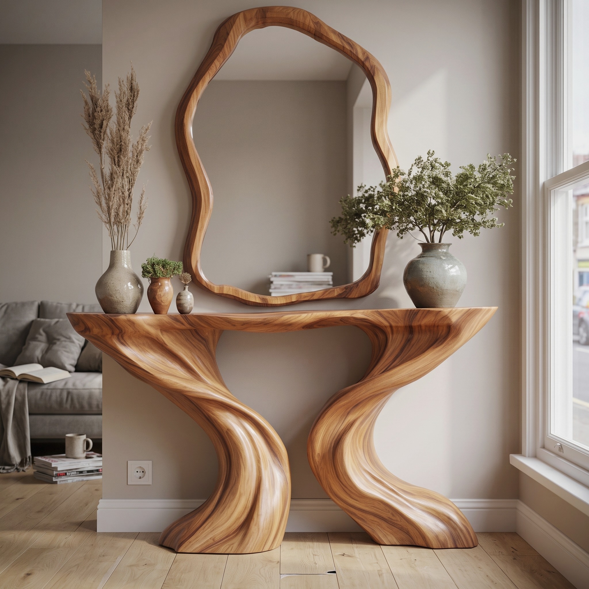 Mid Century Console Table Sculpted Wave Base Holiday Living Room