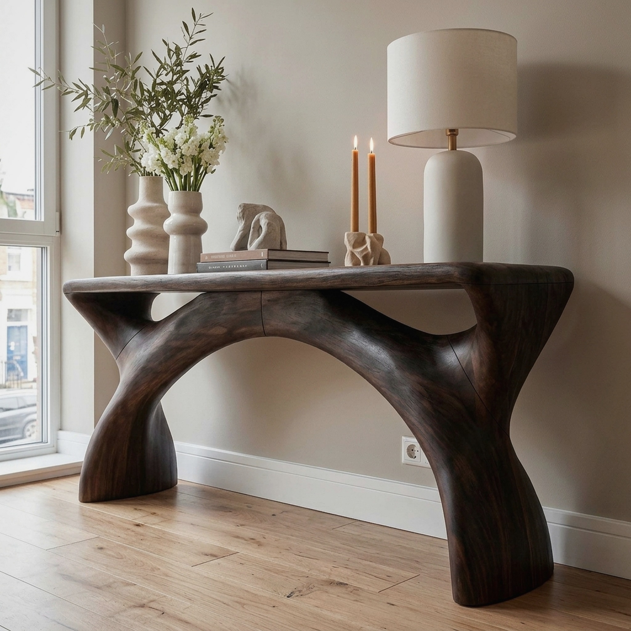 Mid Century Console Table with Flowing Curved Frame for Entryway