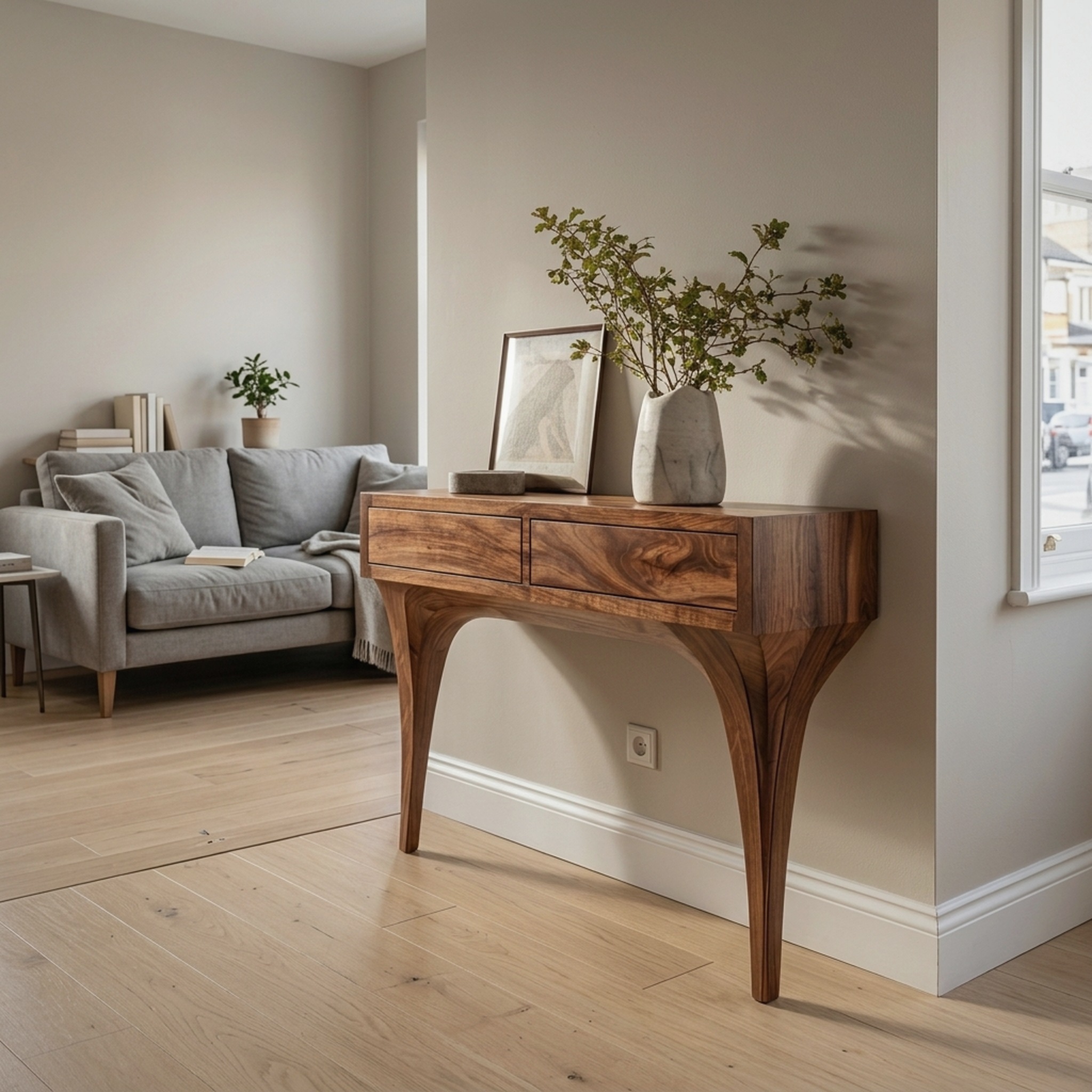 Mid Century Console Table with Sculptural Base for Entryway