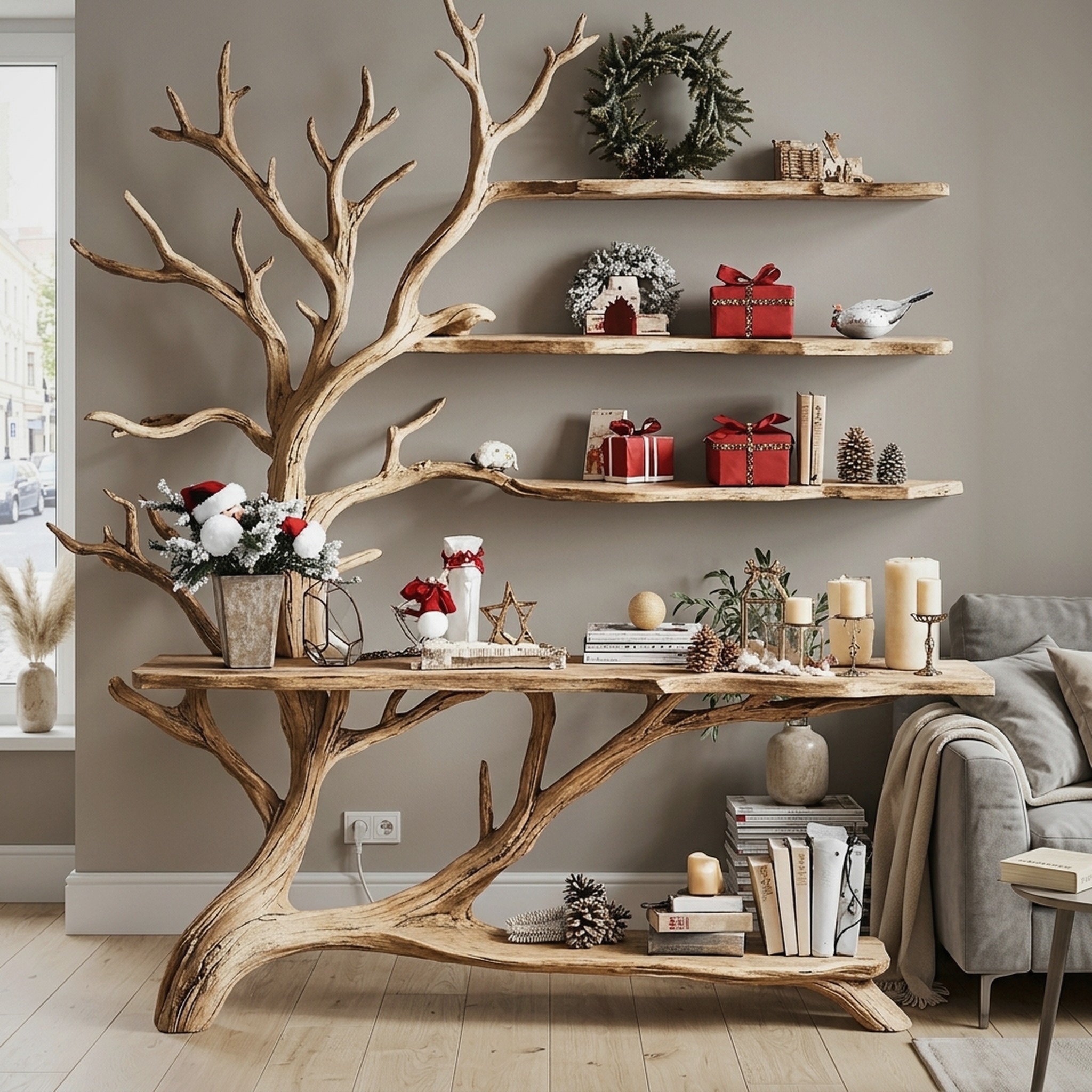 Mid Century Console Table with Tree Book Shelf Entry Table