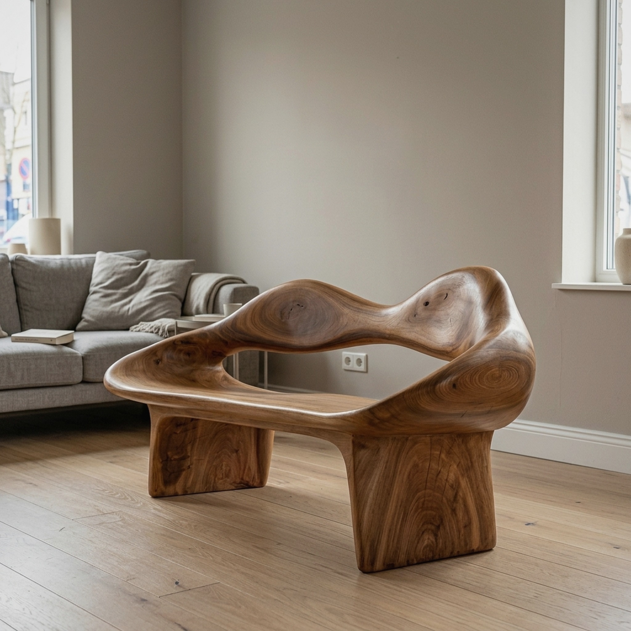 Mid Century Curved Bench Natural Finish Living Room