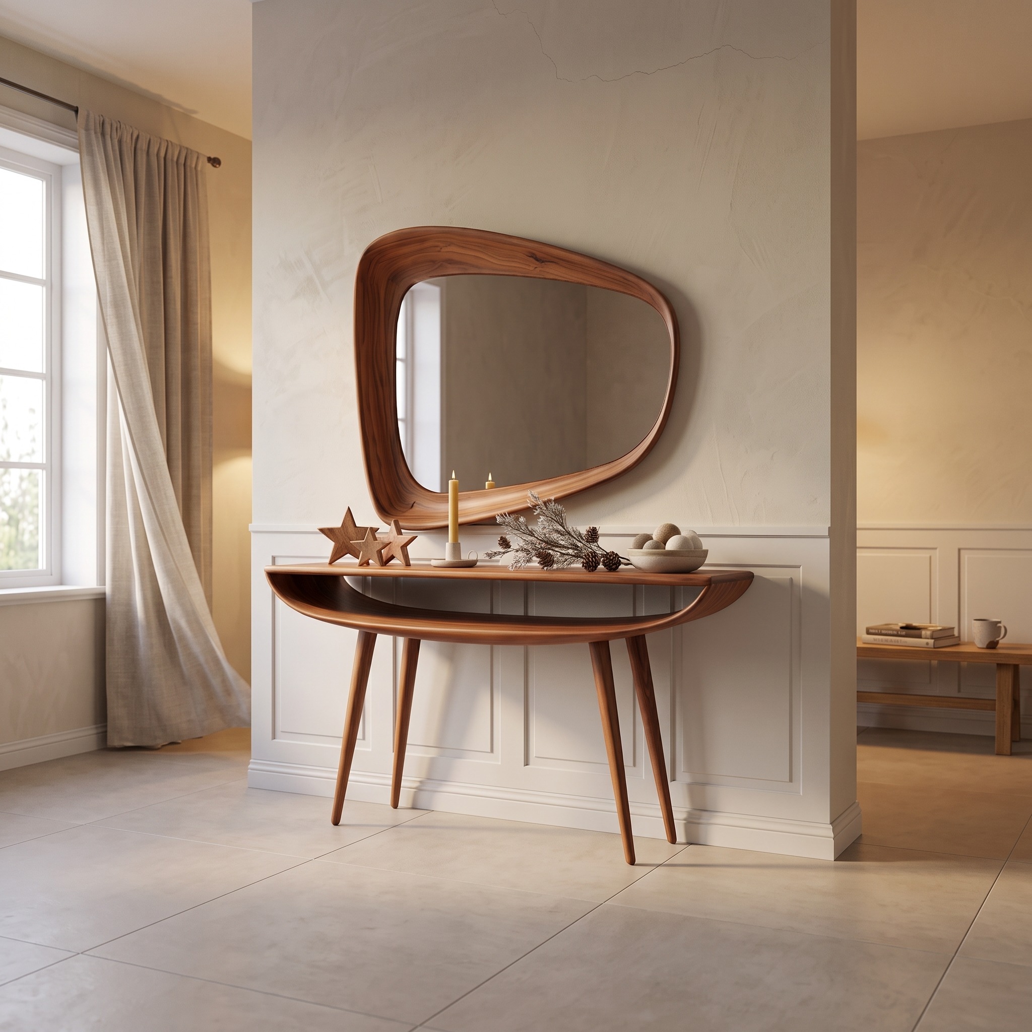 Mid-Century Curved Console Table, Solid Wood Modern Entryway Table, Minimalist Bedroom Accent Table