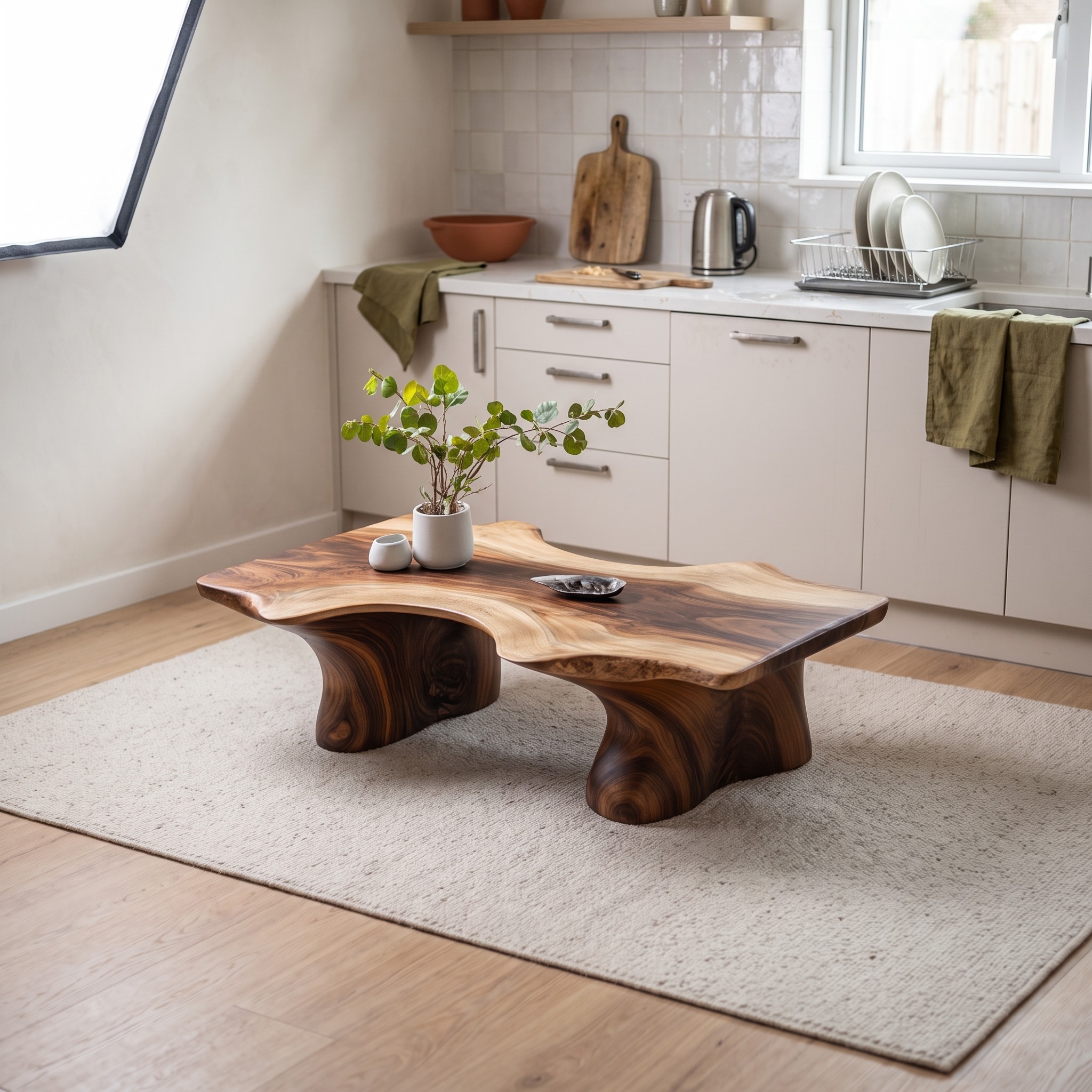 Mid Century Curved Edge Coffee Table, Solid Wood Minimalist Smooth Shape Centerpiece for Living Room, Family Room