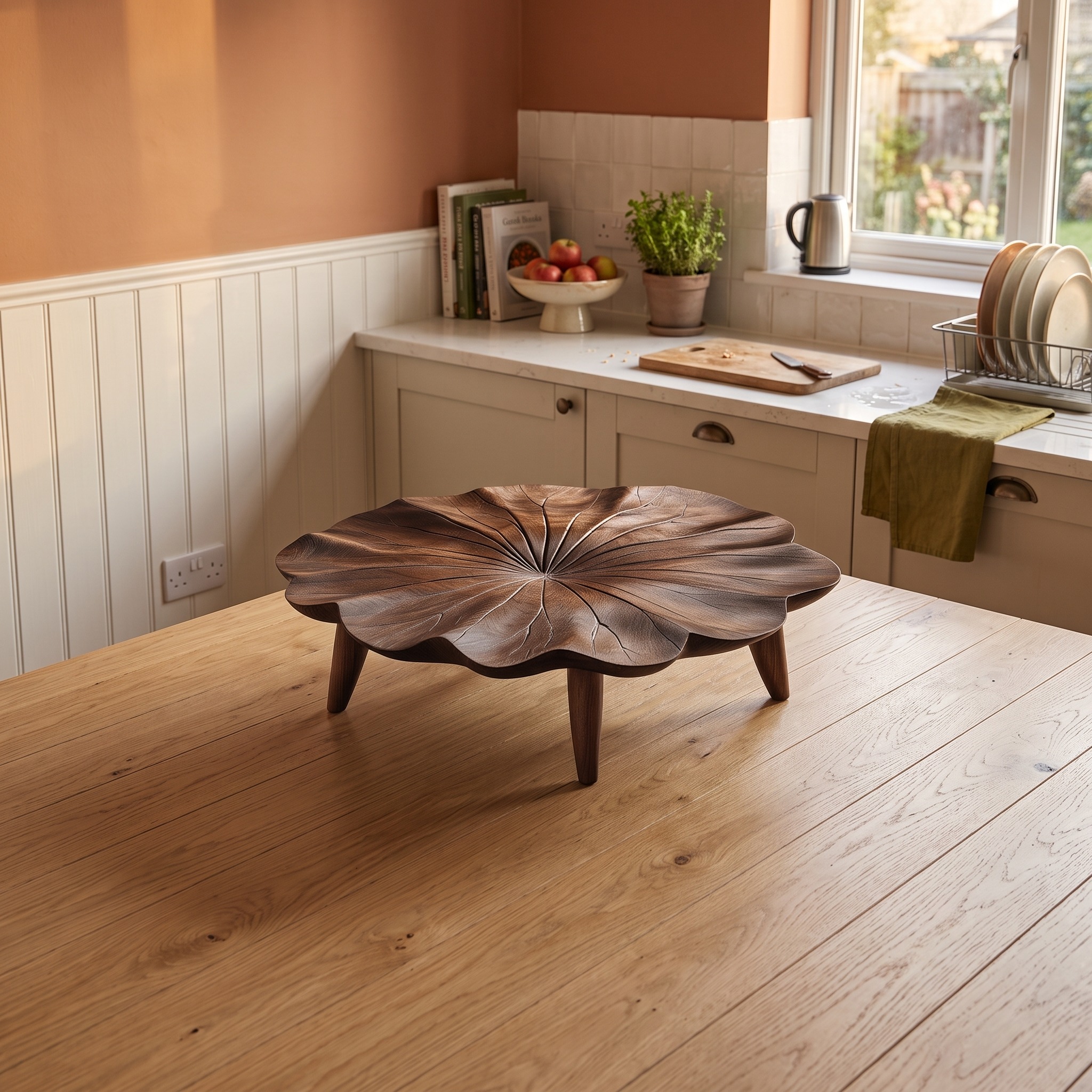 Mid Century Curved Edge Round Coffee Table, Solid Wood Minimalist Circular Centerpiece for Living Room, Family Room