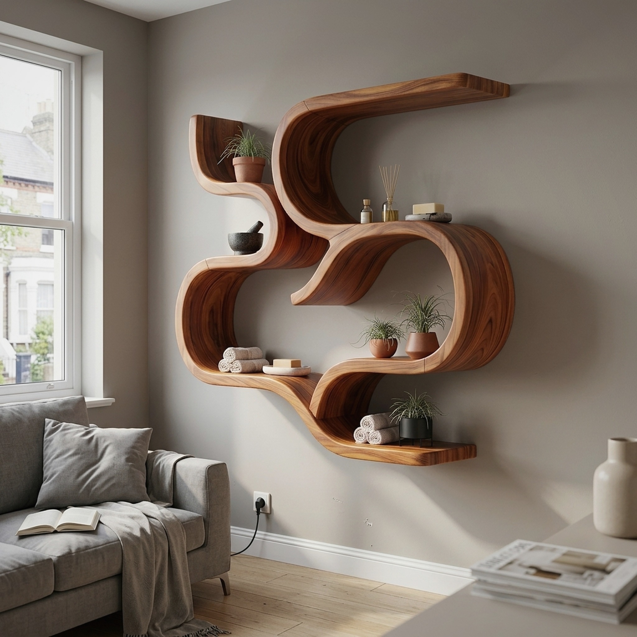Mid Century Curved Floating Shelves for Powder Room
