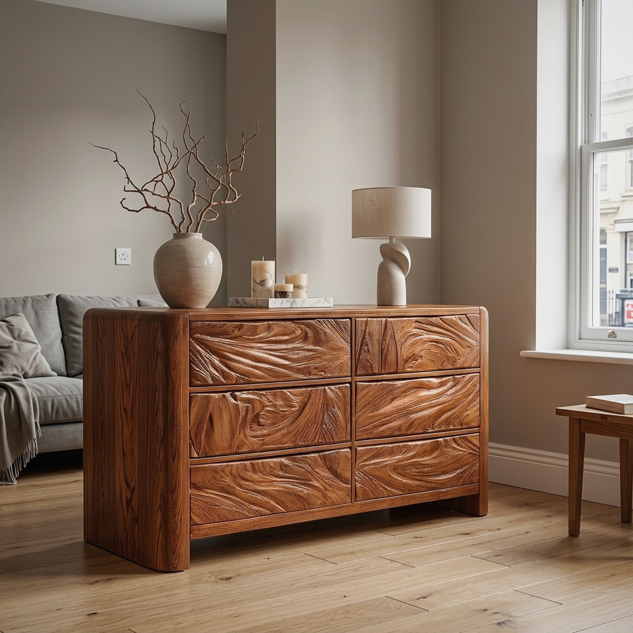 Mid Century Dresser with Carved Flowing Drawer Front for Bedroom