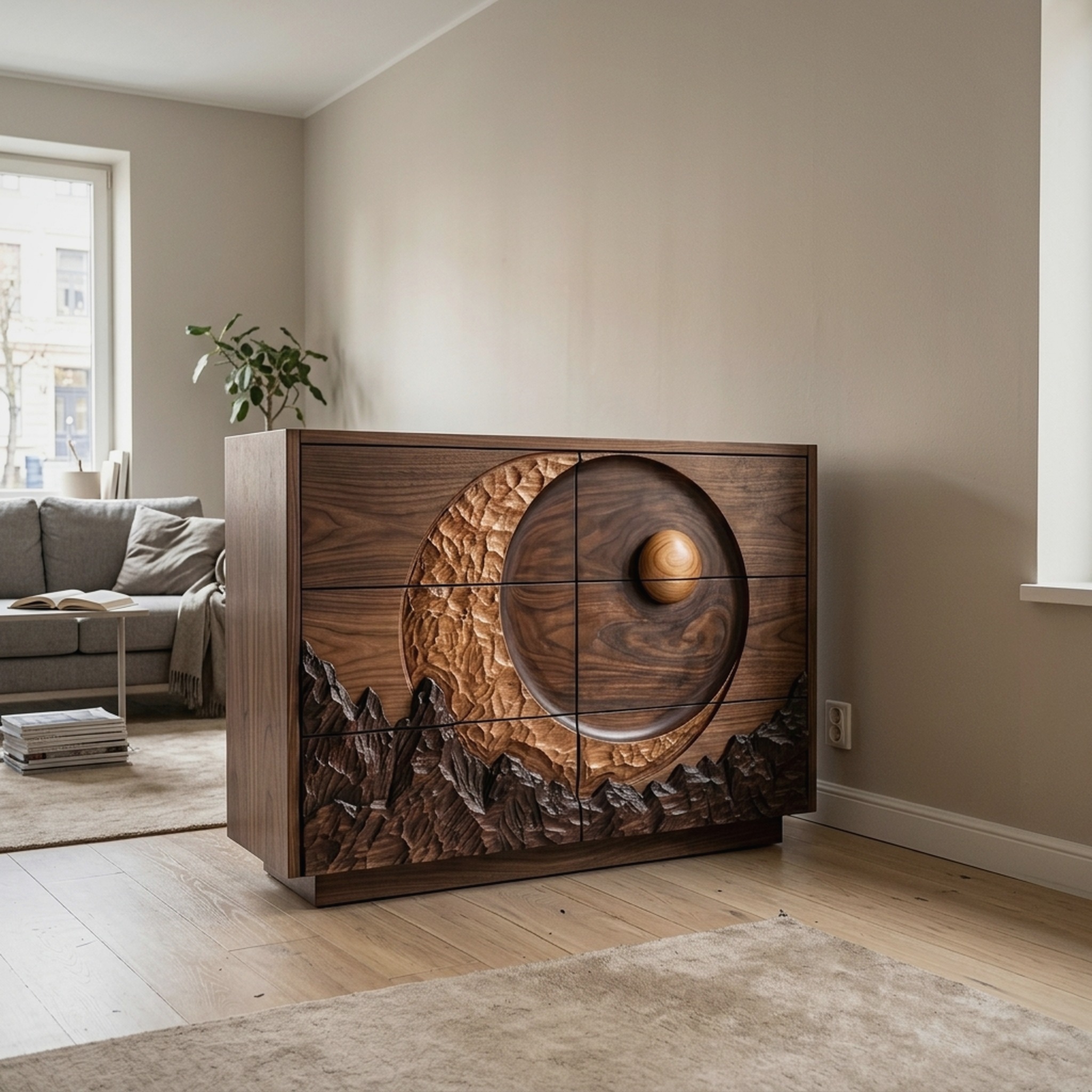 Mid Century Dresser with Celestial Eclipse Carving for Bedroom