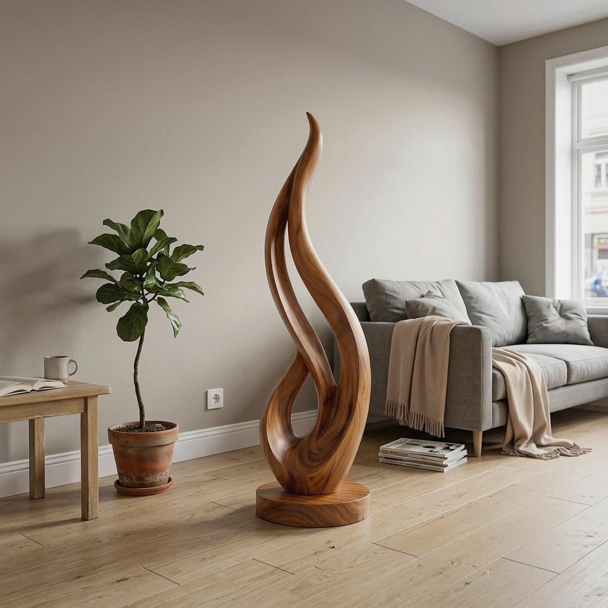 Mid Century Flame Wood Sculpture for Modern Entryway Decor