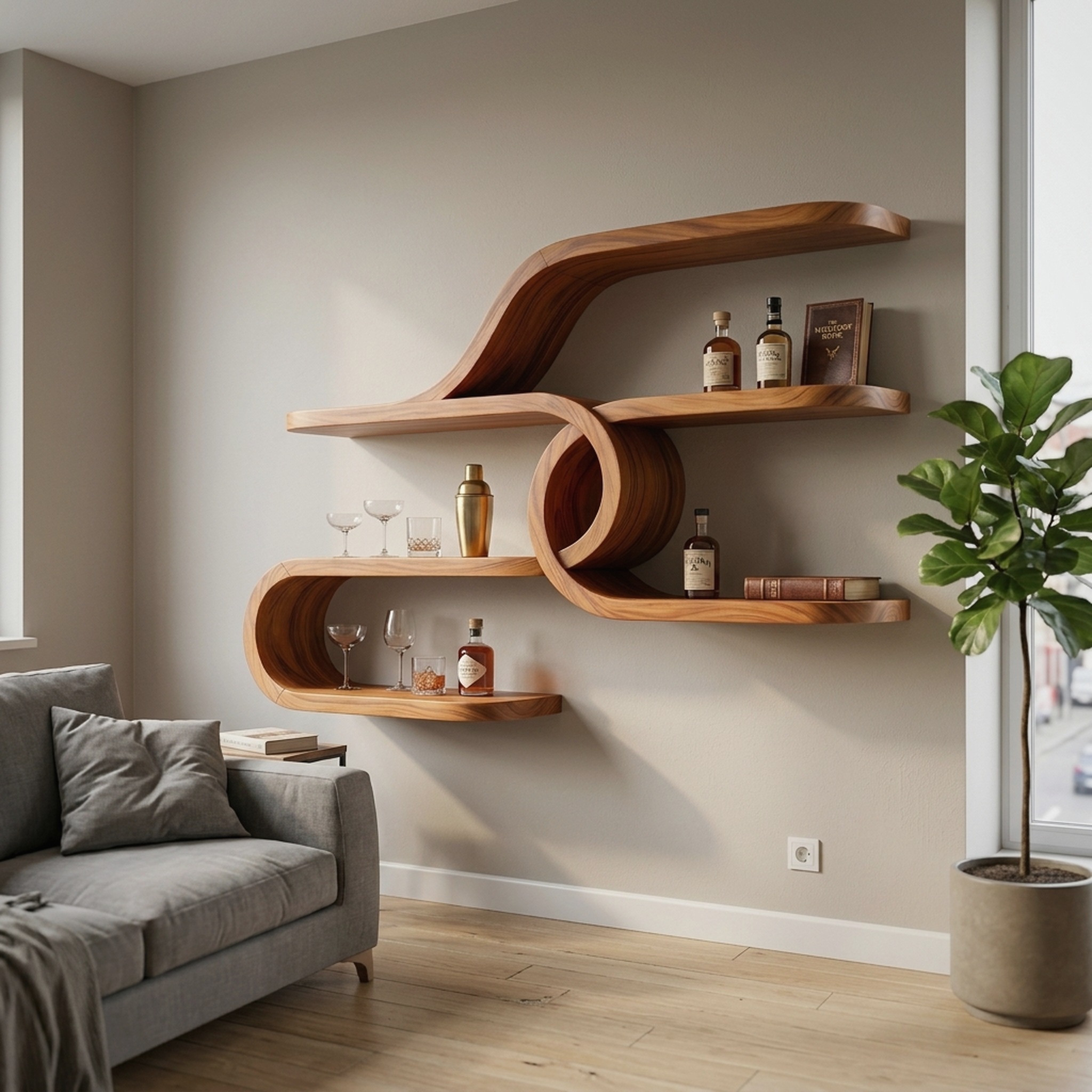 Mid Century Floating Bar Shelves for Home Bar