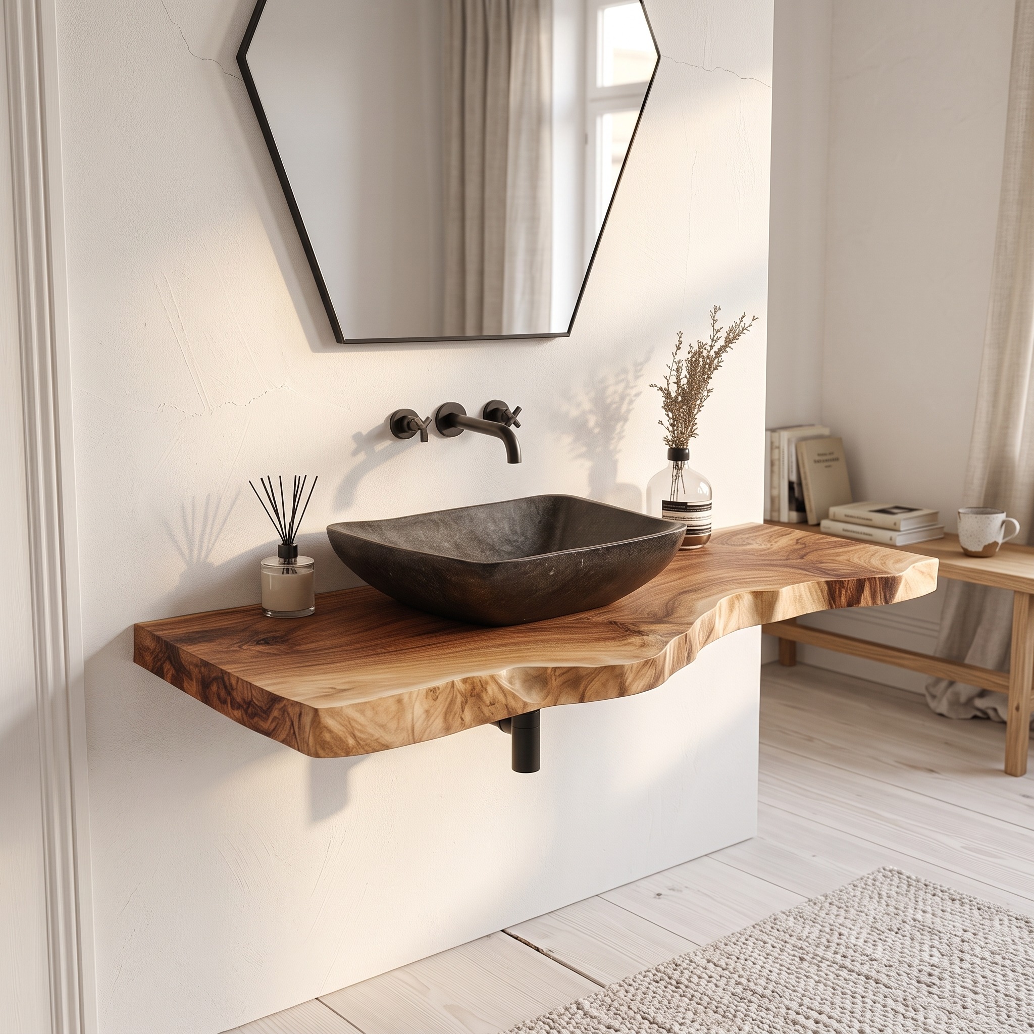 Mid Century Floating Bathroom Vanity Shelf, Contemporary Natural Solid Wood Single Washstand, Wall Mount Storage Console