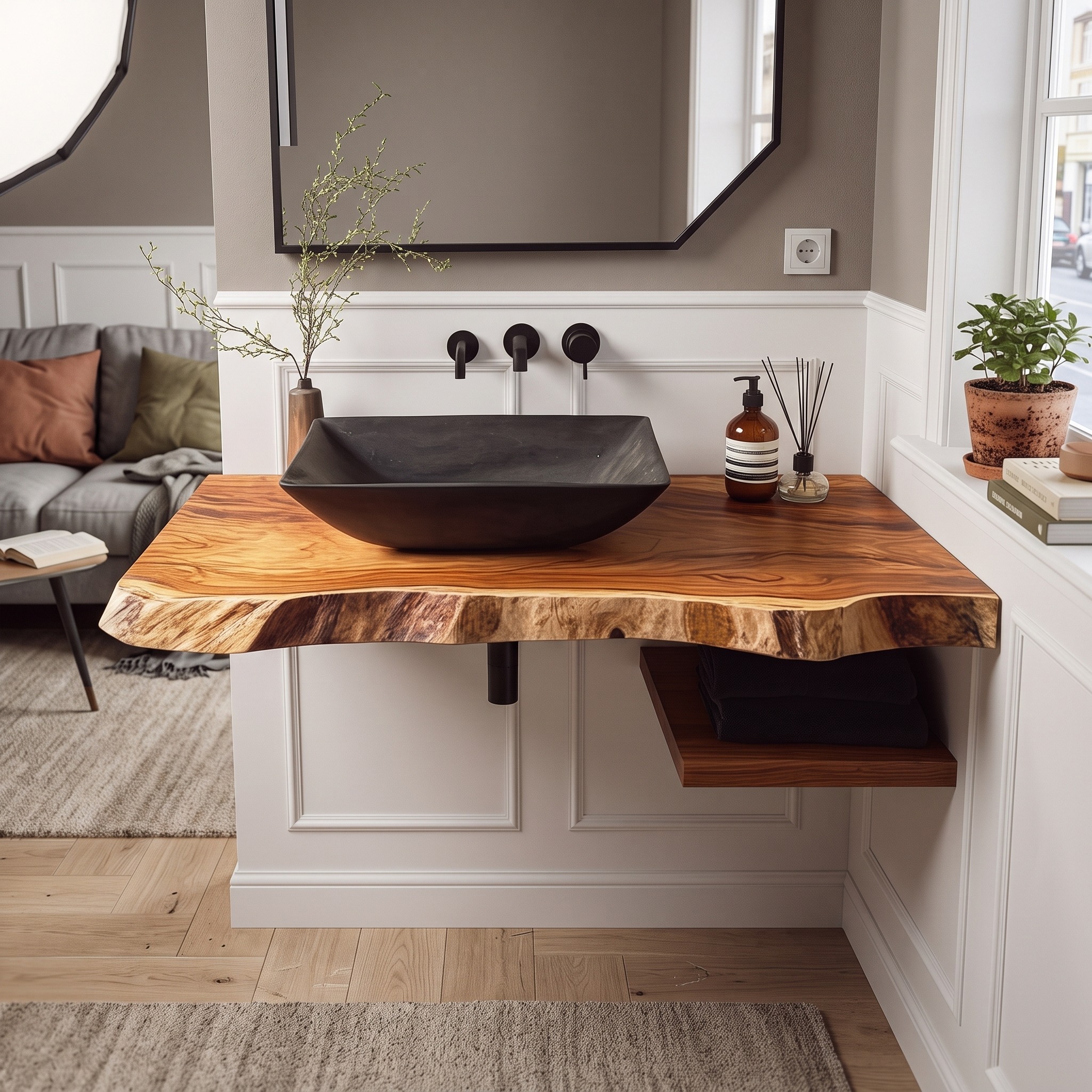 Mid Century Floating Bathroom Vanity Shelf, Handcrafted Solid Wood Washstand, Wall Mounted Modern Bathroom Console