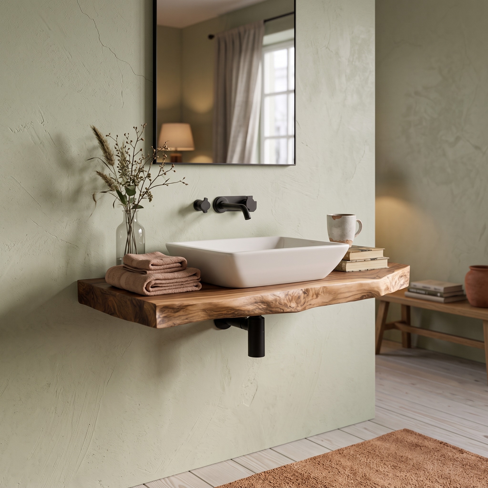 Mid Century Floating Bathroom Vanity Shelf, Natural Solid Wood Single Washstand, Wall Mounted Bathroom Storage Console