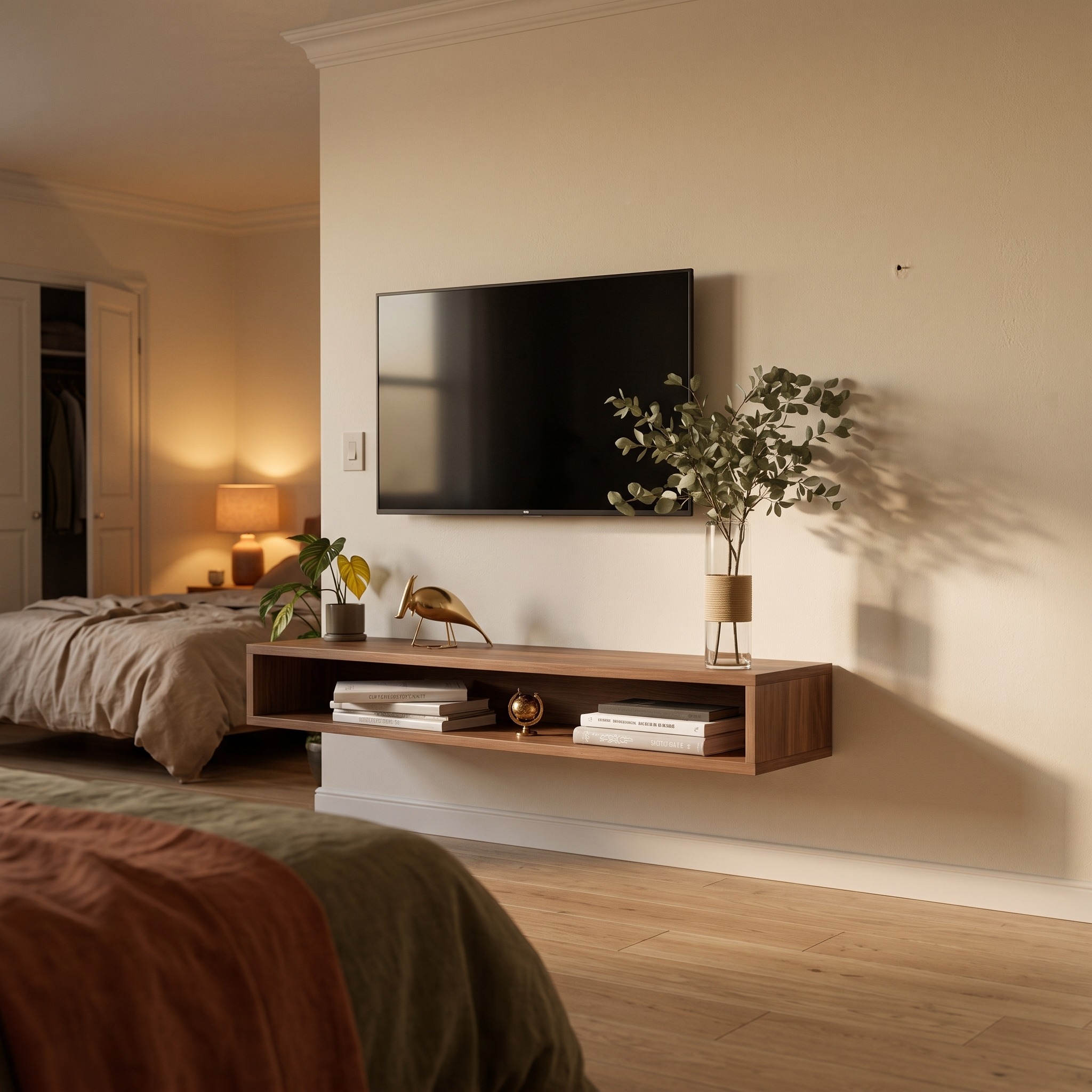 Mid-Century Floating Media Console Shelf, Wall Mounted Under TV Entertainment Center, Solid Wood Component Storage