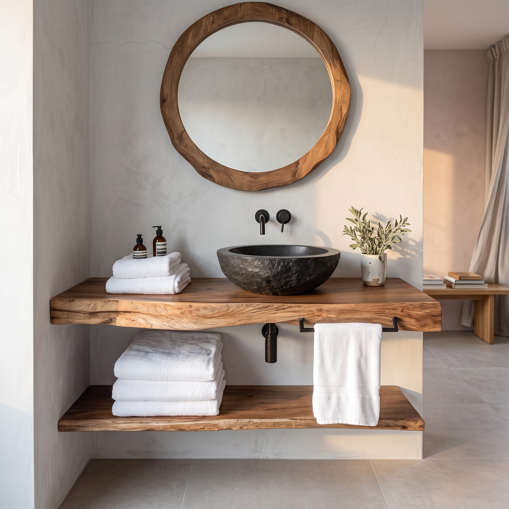 Mid-Century Floating Shelf, Farmhouse Solid Wood Bathroom Vanity, Single Sink Washroom Countertop Shelf