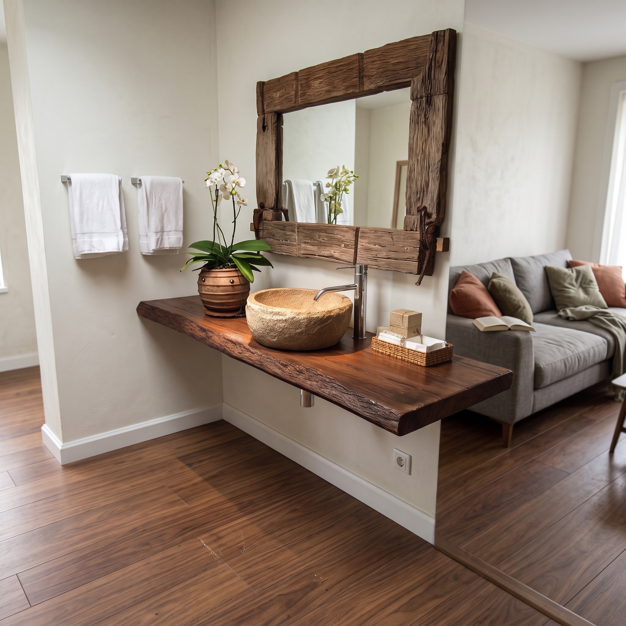 Mid-Century Floating Shelf, Modern Solid Wood Bathroom Vanity Countertop, Washroom Single Sink Console Shelf
